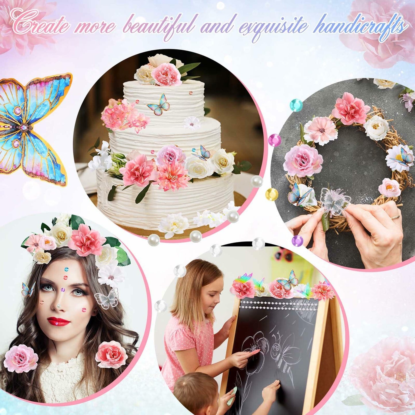 CraftyDream Artificial Flower Heads with Greenery Stems Pink Medium to Large