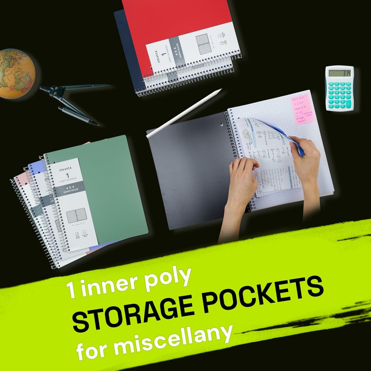 ONAVIA Spiral Notebook 3 Pack 1 Subject 4x4 Graph Ruled 100 Sheets 9x11 Red