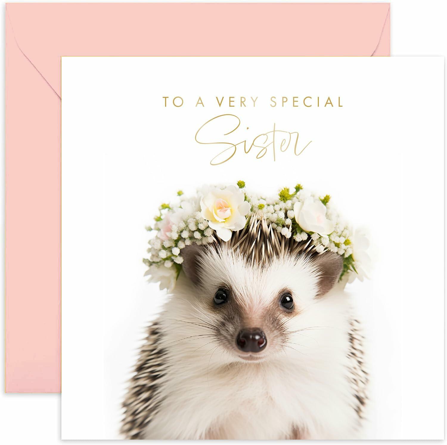 Old English Co. Hedgehog Sister Birthday Card Floral Gold Blank Envelope