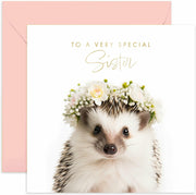 Old English Co. Hedgehog Sister Birthday Card Floral Gold Blank Envelope
