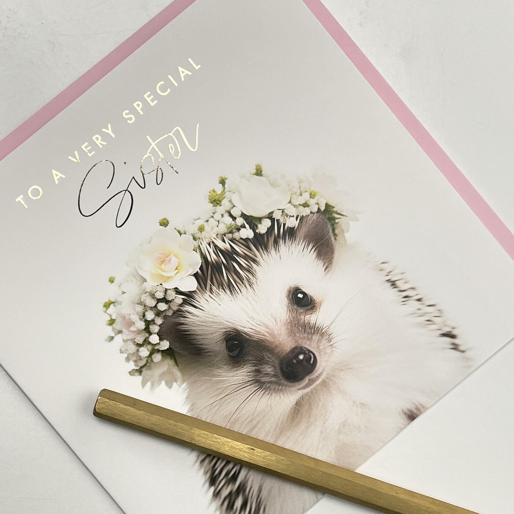 Old English Co. Hedgehog Sister Birthday Card Floral Gold Blank Envelope
