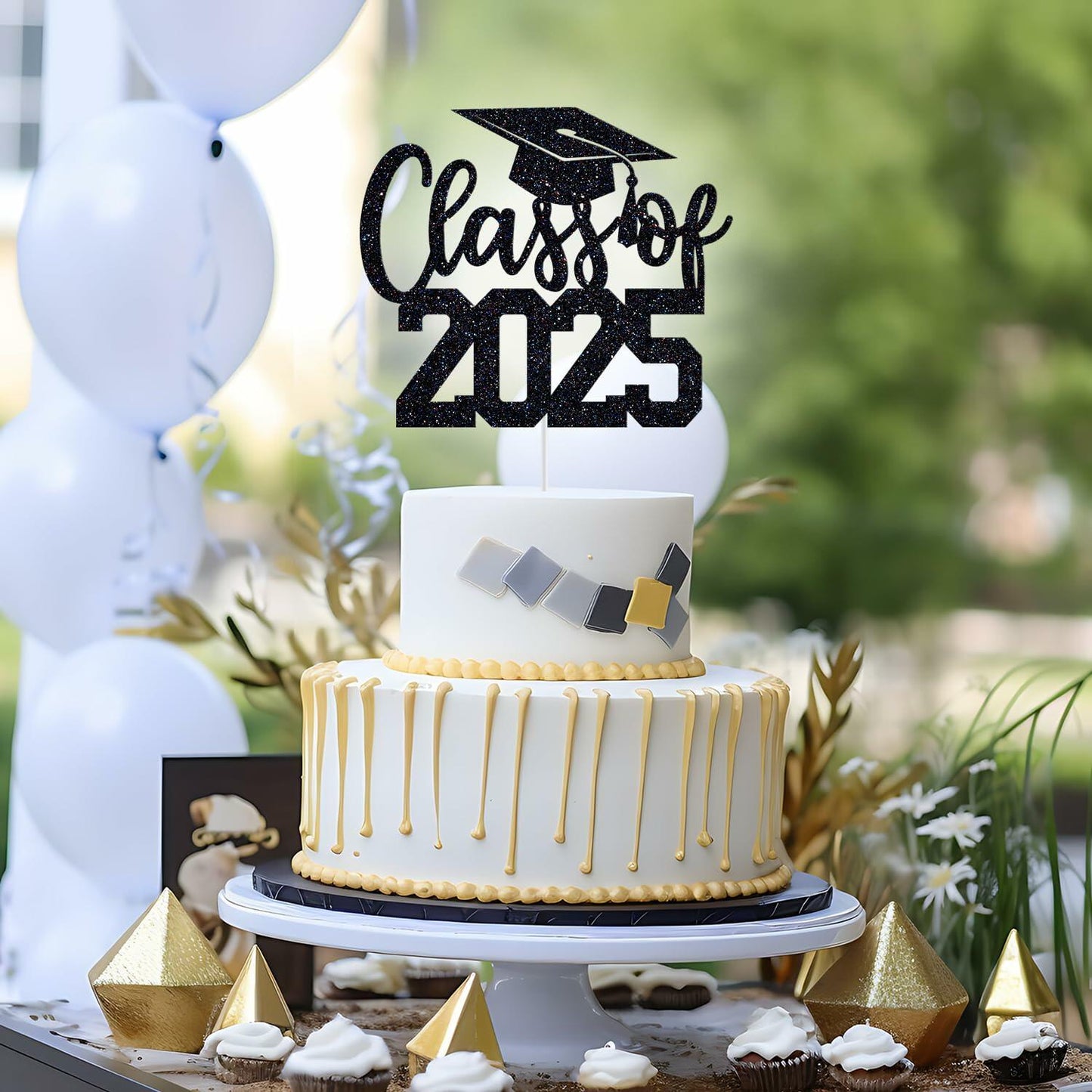 Yotawebery Class of 2025 Cake Topper Graduation Party Decor Black Glitter