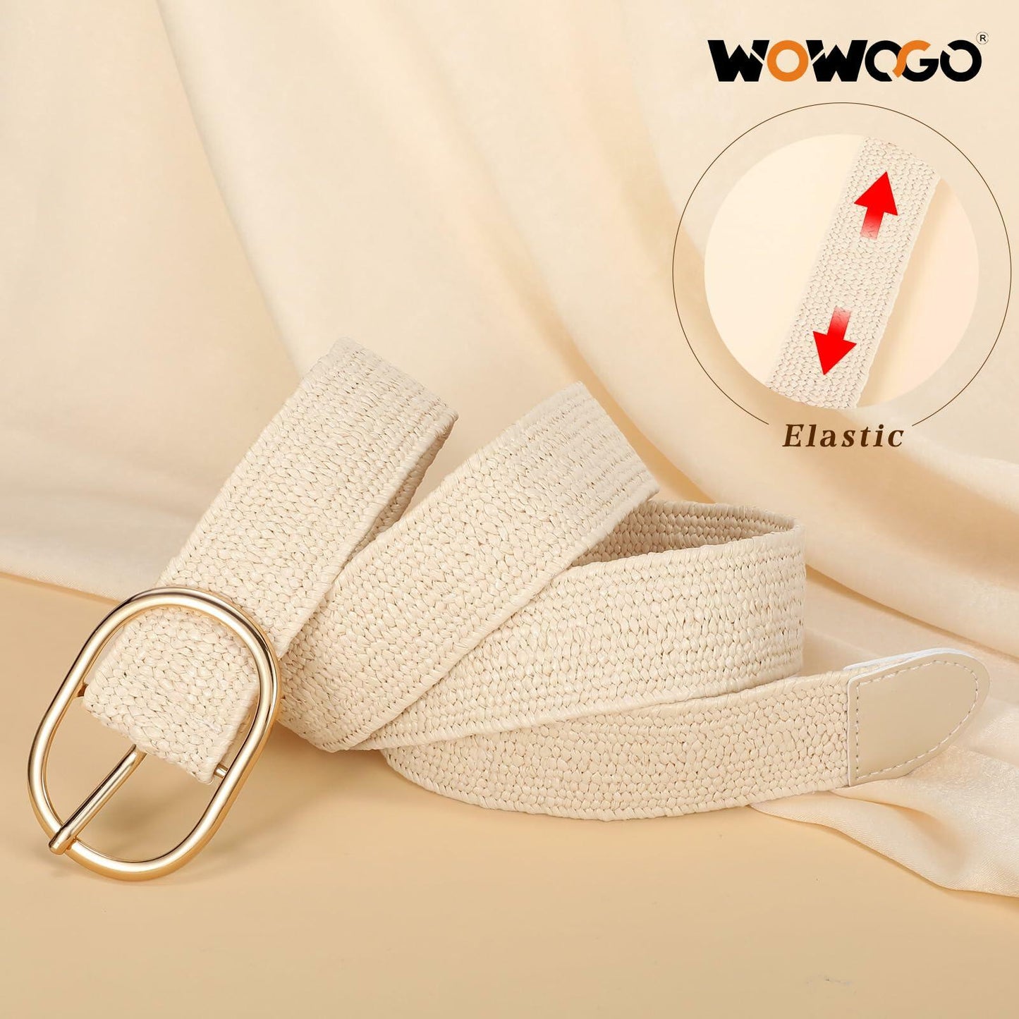 WOWOGO Women Straw Woven Rattan Stretch Belt Boho Beige Waist up to 33" Size