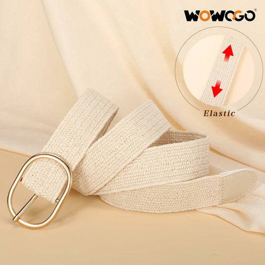 WOWOGO Women Straw Woven Rattan Stretch Belt Boho Beige Waist up to 33" Size