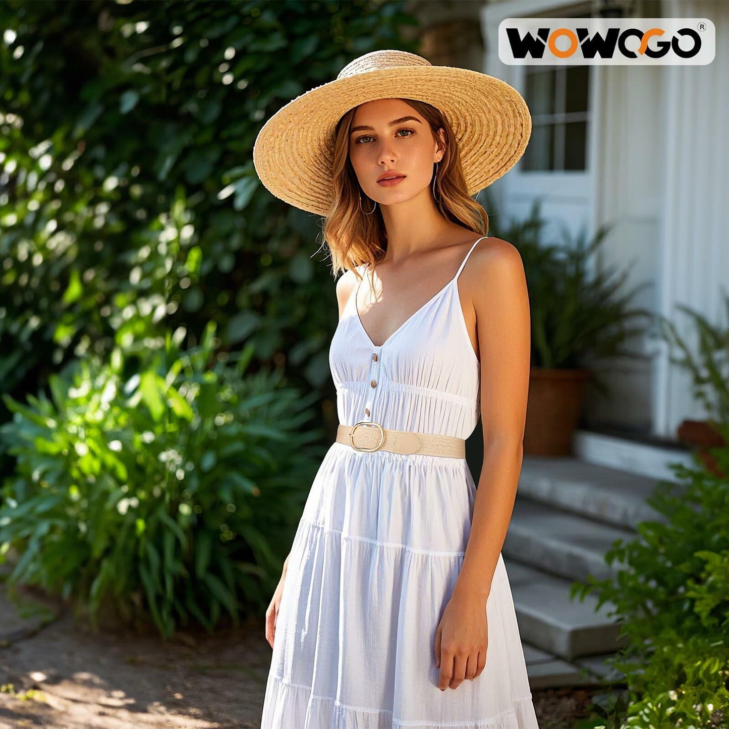 WOWOGO Women Straw Woven Rattan Stretch Belt Boho Beige Waist up to 33" Size