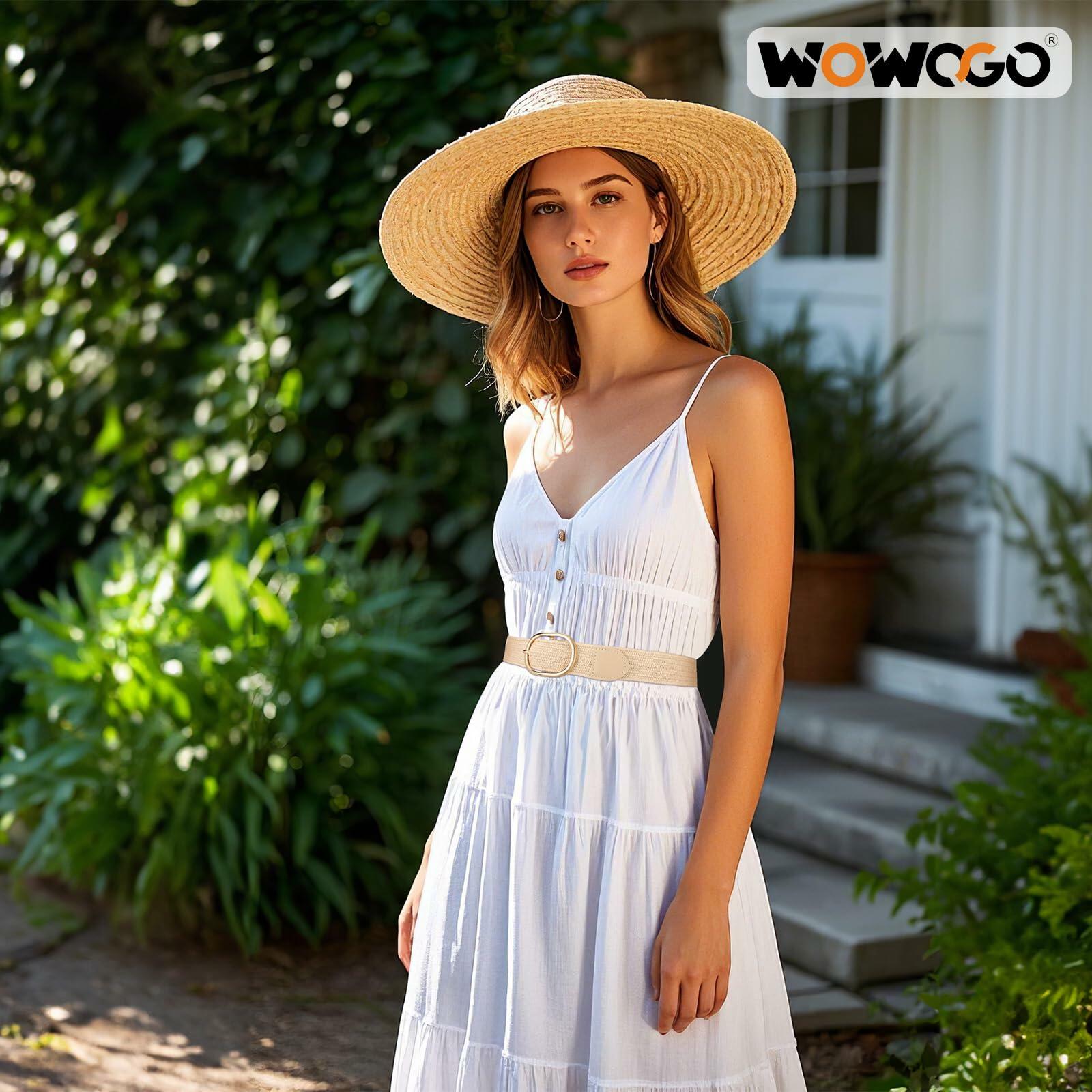 WOWOGO Women Straw Woven Rattan Stretch Belt Boho Beige Waist up to 33" Size