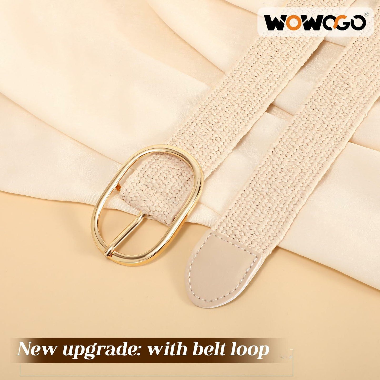 WOWOGO Women Straw Woven Rattan Stretch Belt Boho Beige Waist up to 33" Size
