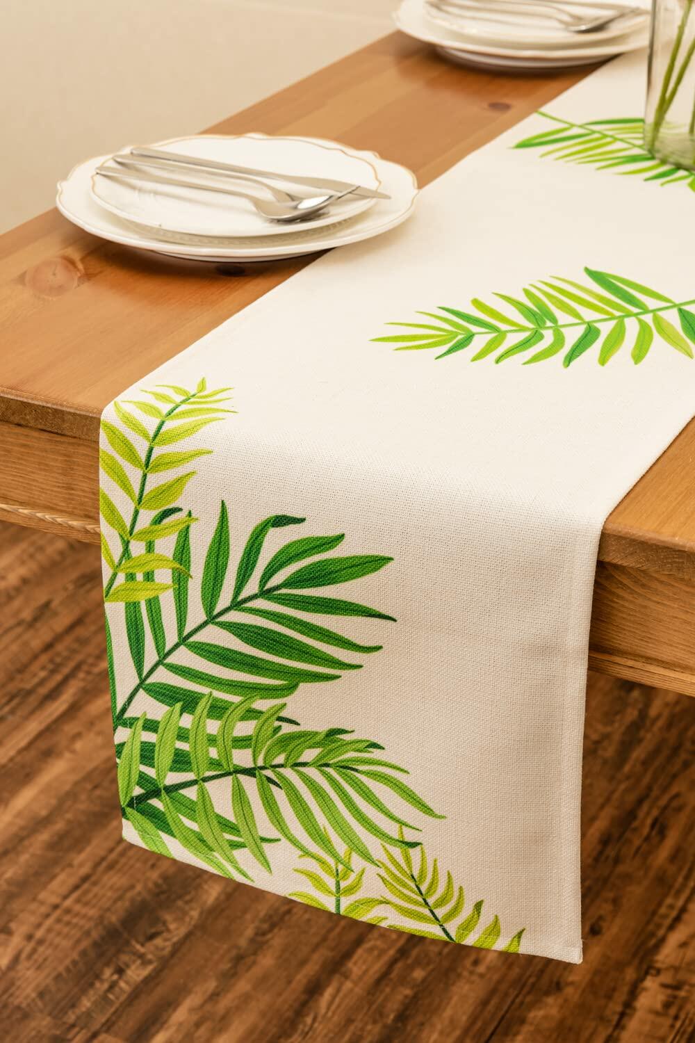 KEY SPRING Leaves Table Runner Cotton Linen Sage Green 12x72in