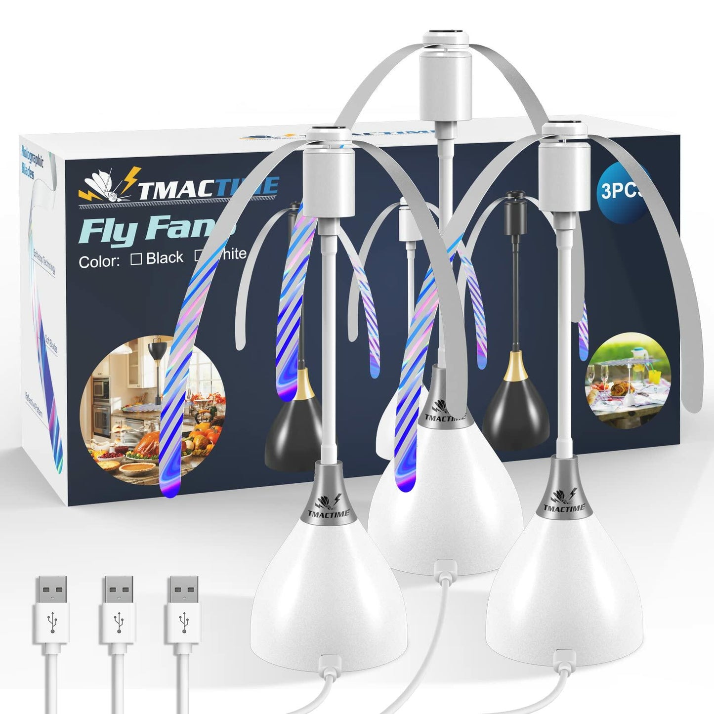 [Like New] TMACTIME Fly Repellent Fan 3 Pack USB Battery Powered Soft Blades White