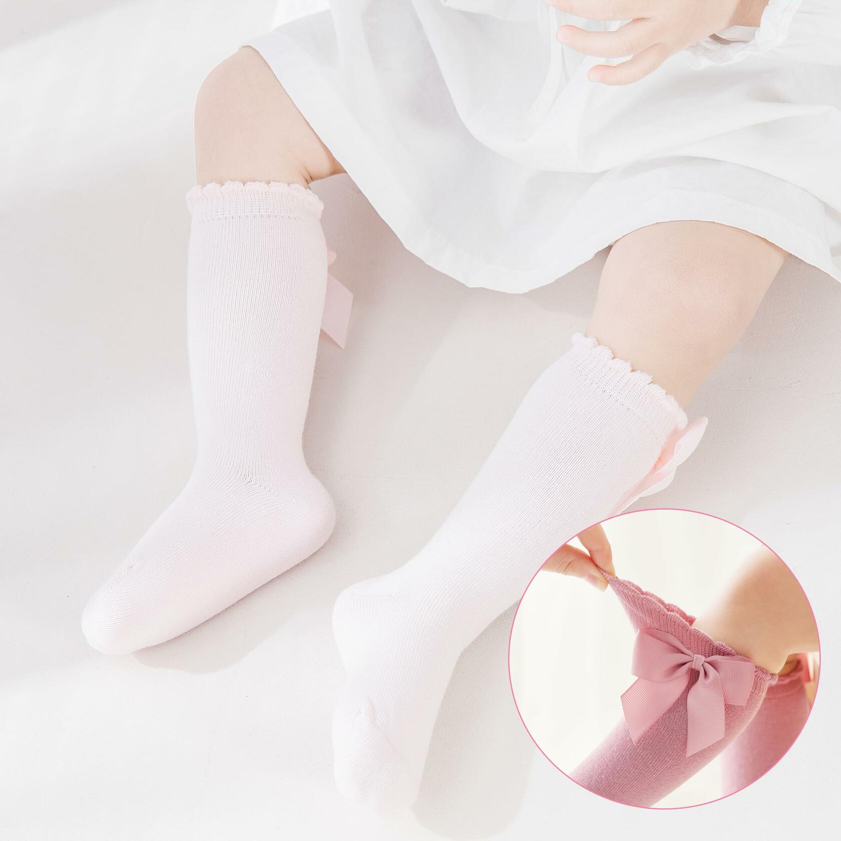 Marchare Baby Girls Knee High Socks Cotton 2 Pack Grey Light Pink 3-5T