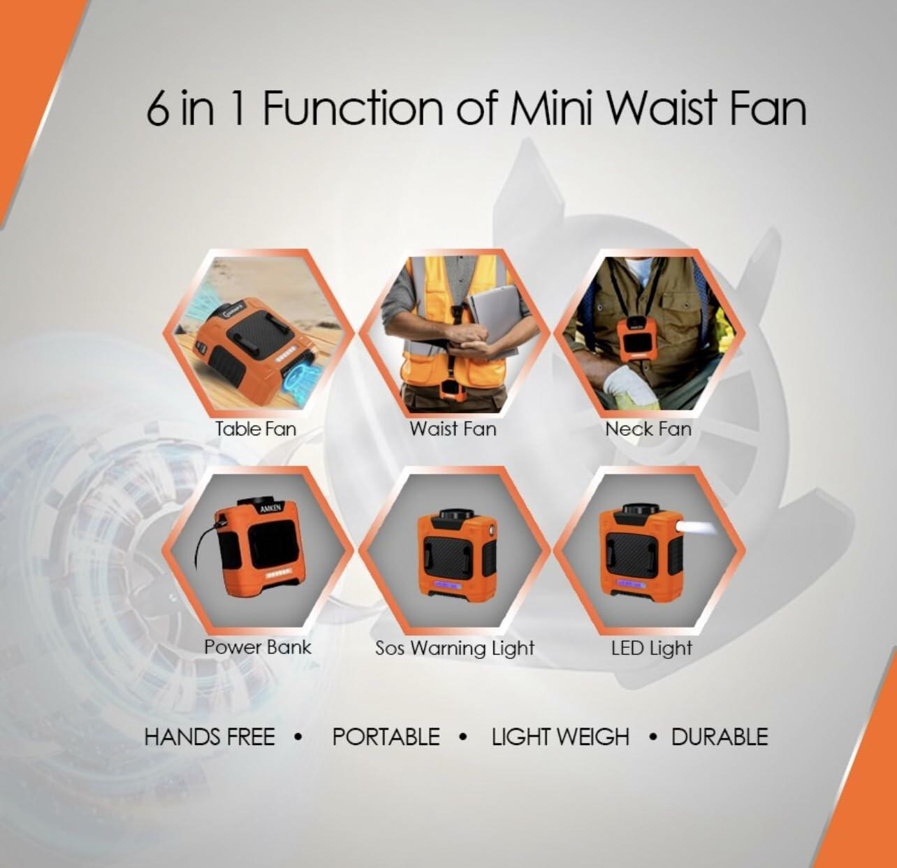 Generic AMKEN Waist Fan Clip-On Portable Cooling Fan 10000mAh LED Orange/Black