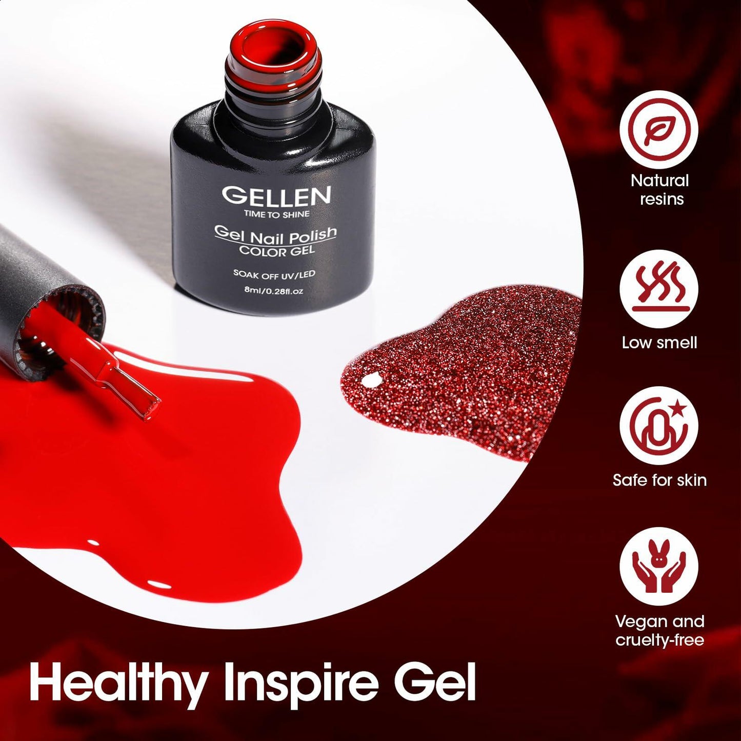GELLEN Gel Nail Polish Set 6 Colors Burgundy Red Glitter Crimson Celebration