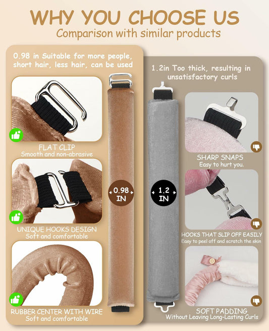 Overnight Heatless Hair Curlers Satin Velvet No Heat Jumbo Rods 3pcs Khaki