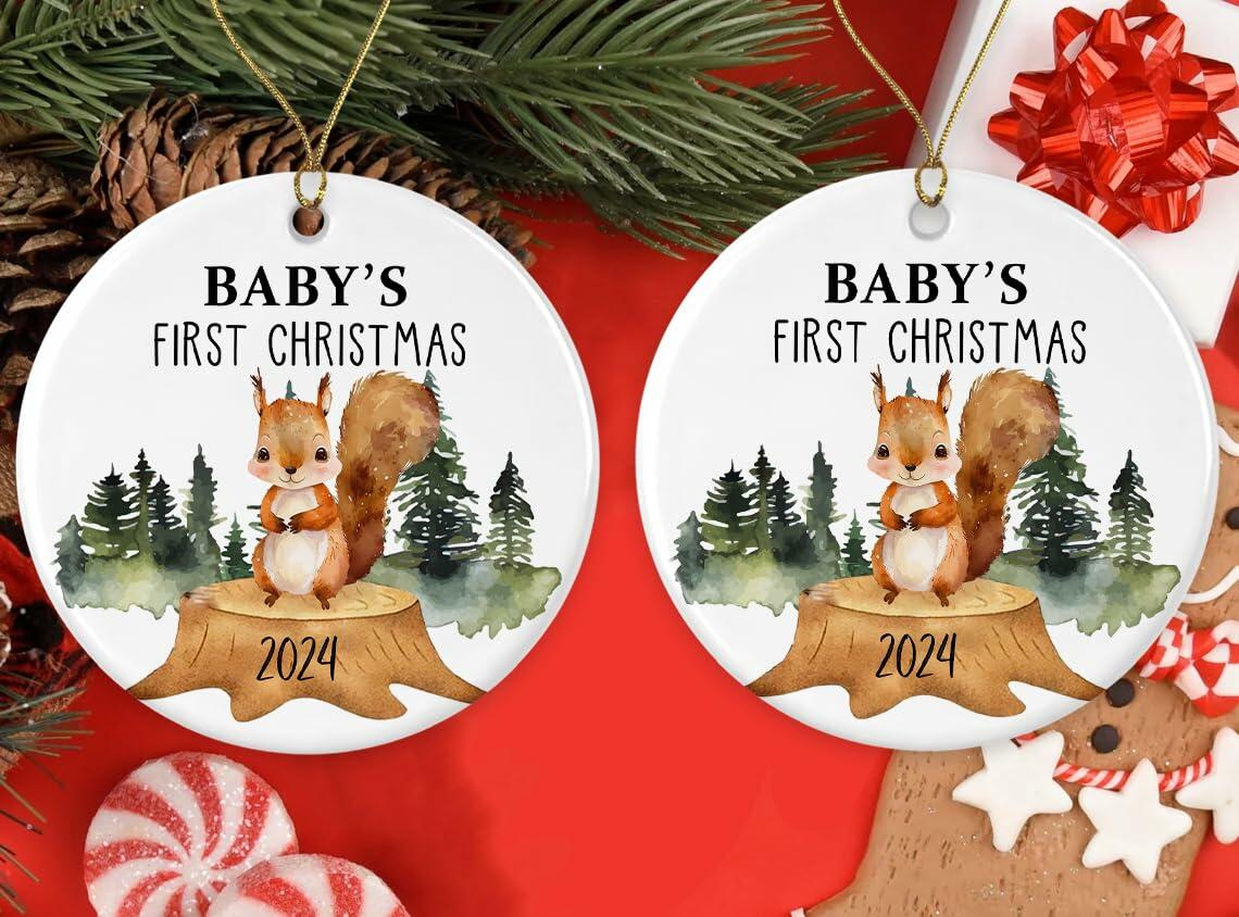 AnhTram97 Squirrel Christmas Ornament 9" White Ceramic Woodland Decor