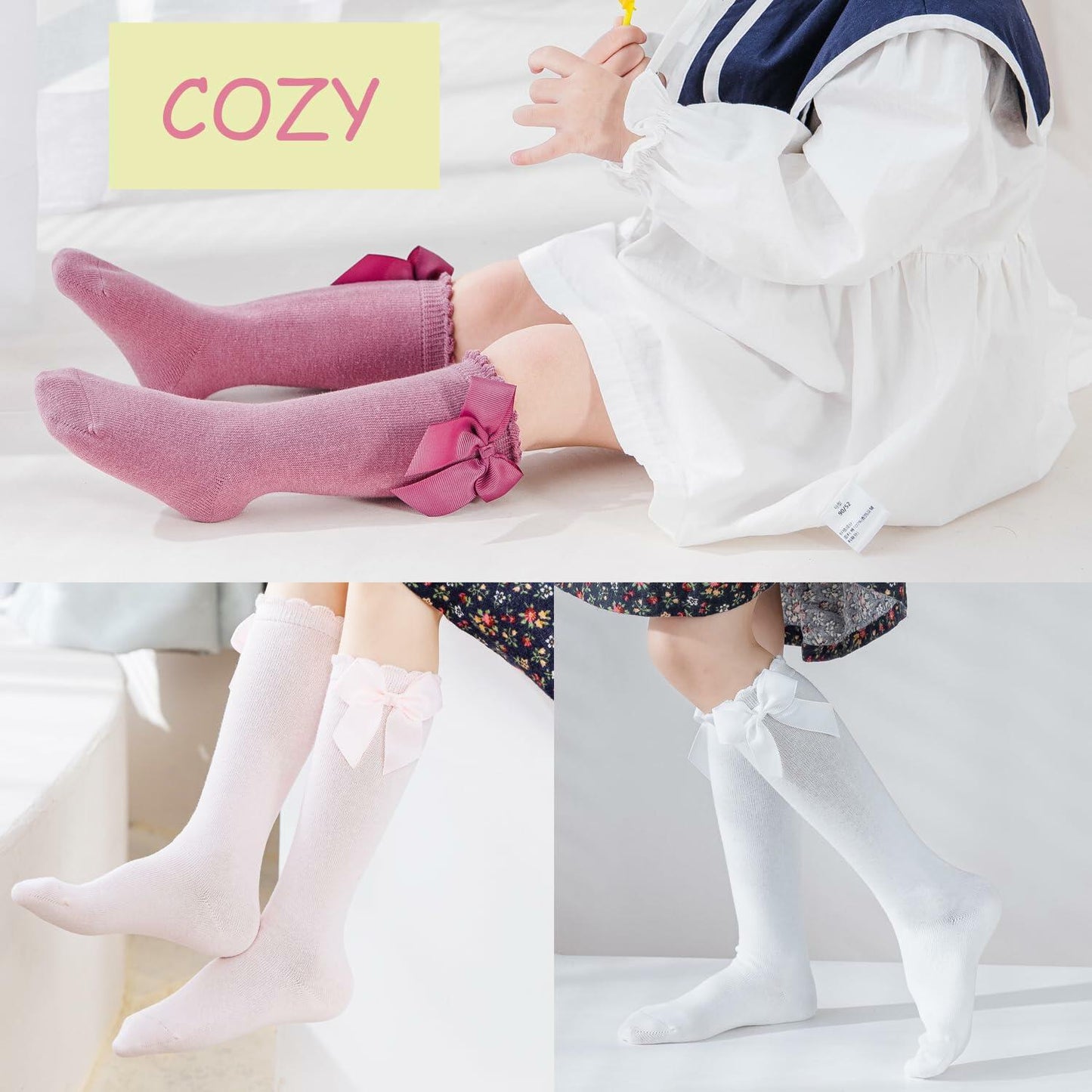 Marchare Baby Girls Knee High Socks Cotton 2 Pack Grey Light Pink 3-5T