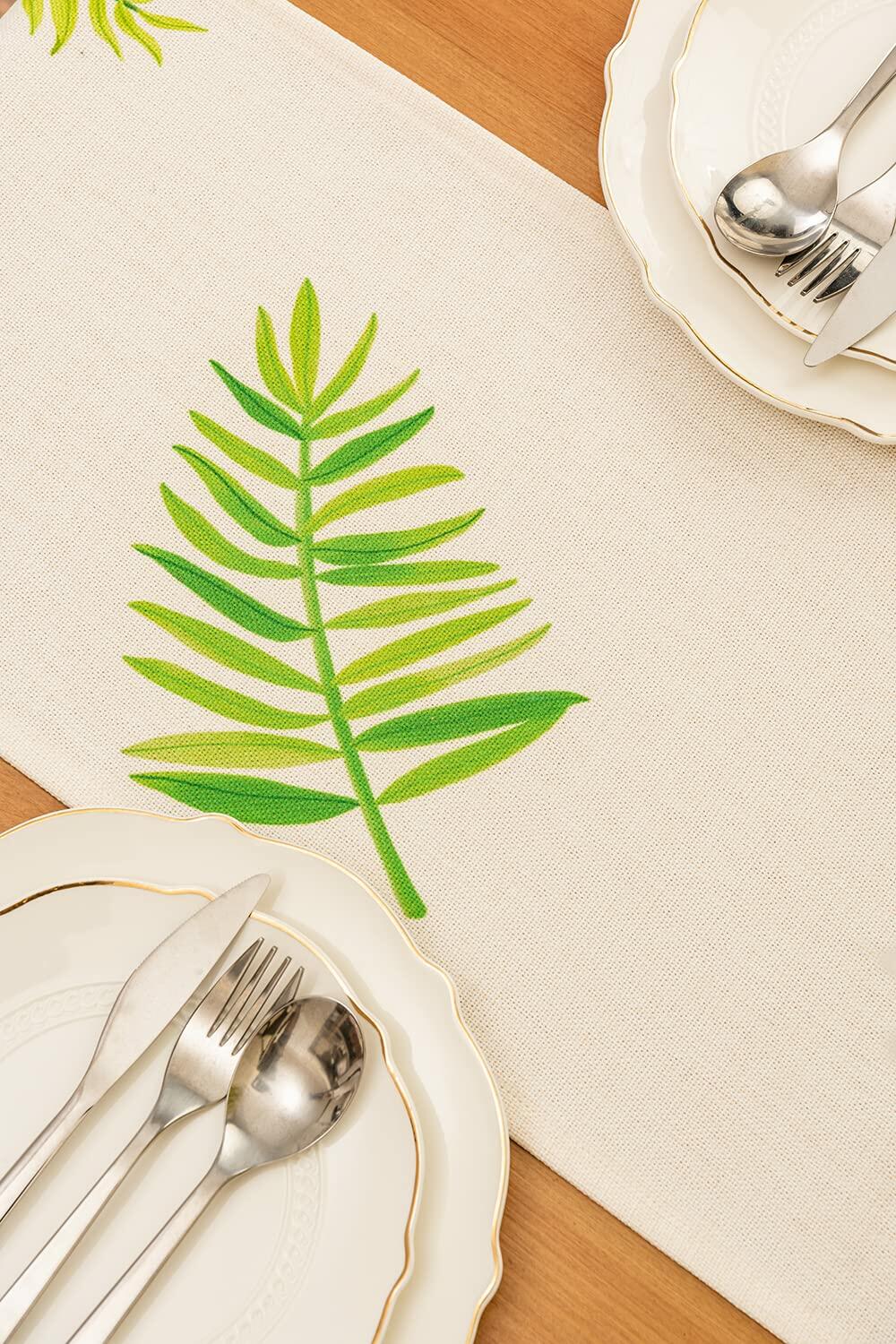 KEY SPRING Leaves Table Runner Cotton Linen Sage Green 12x72in