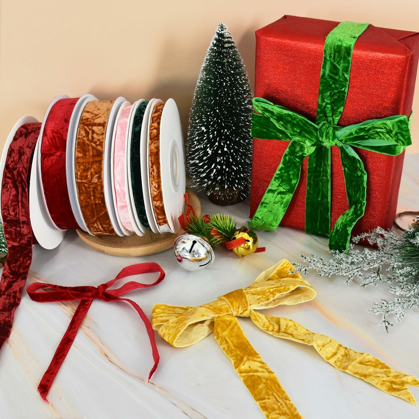 RIBBOOO Wine Red Velvet Ribbon 3/8in x 10yd Luxury Crushed Velvet