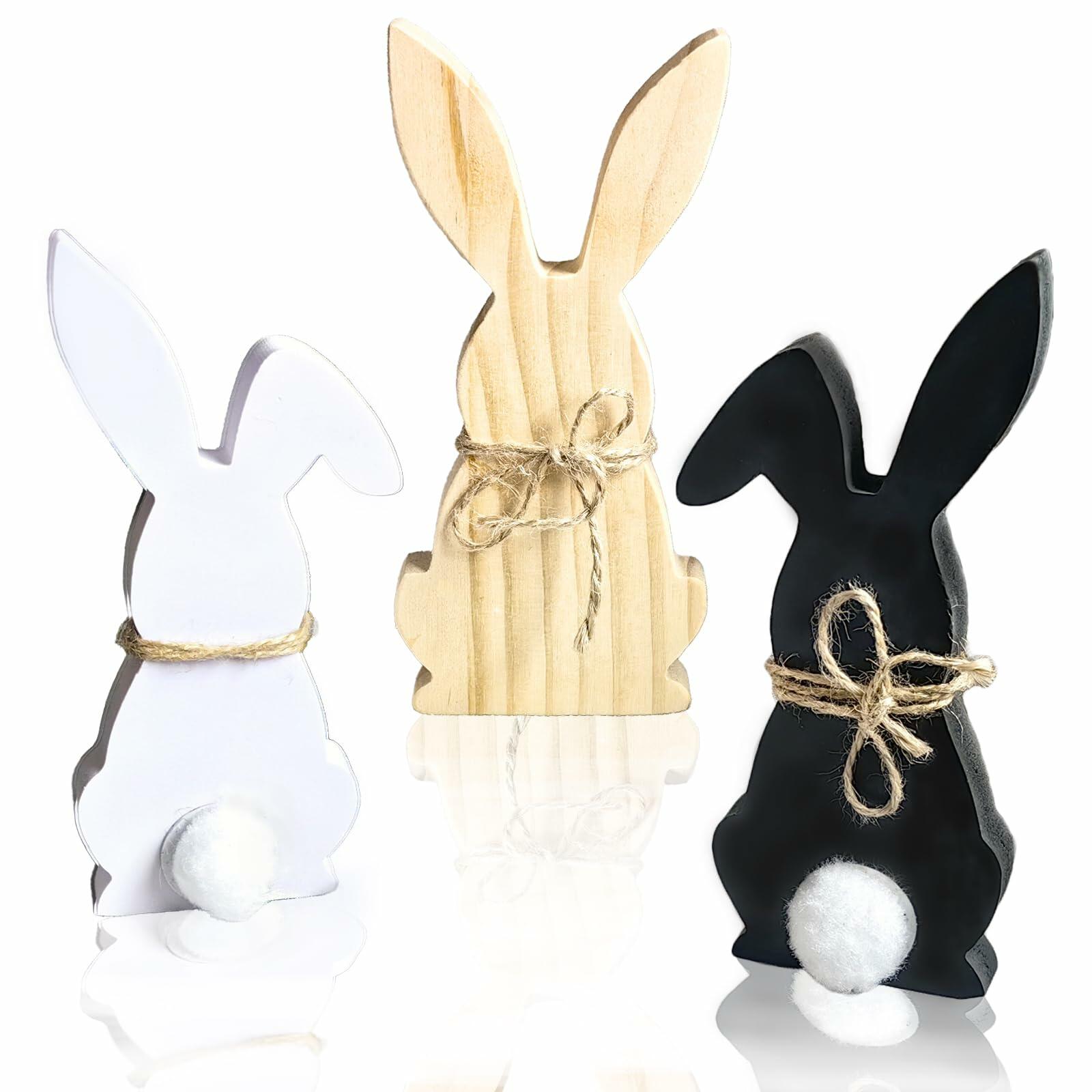 Hryxic 3 Pcs Easter Bunny Wooden Decorations Table Centerpiece White Black