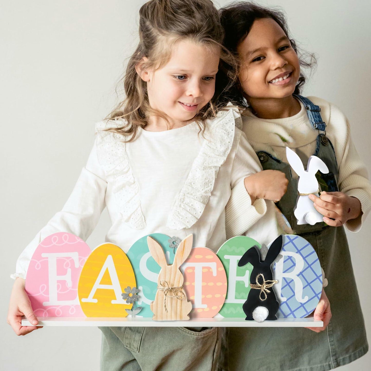 Hryxic 3 Pcs Easter Bunny Wooden Decorations Table Centerpiece White Black