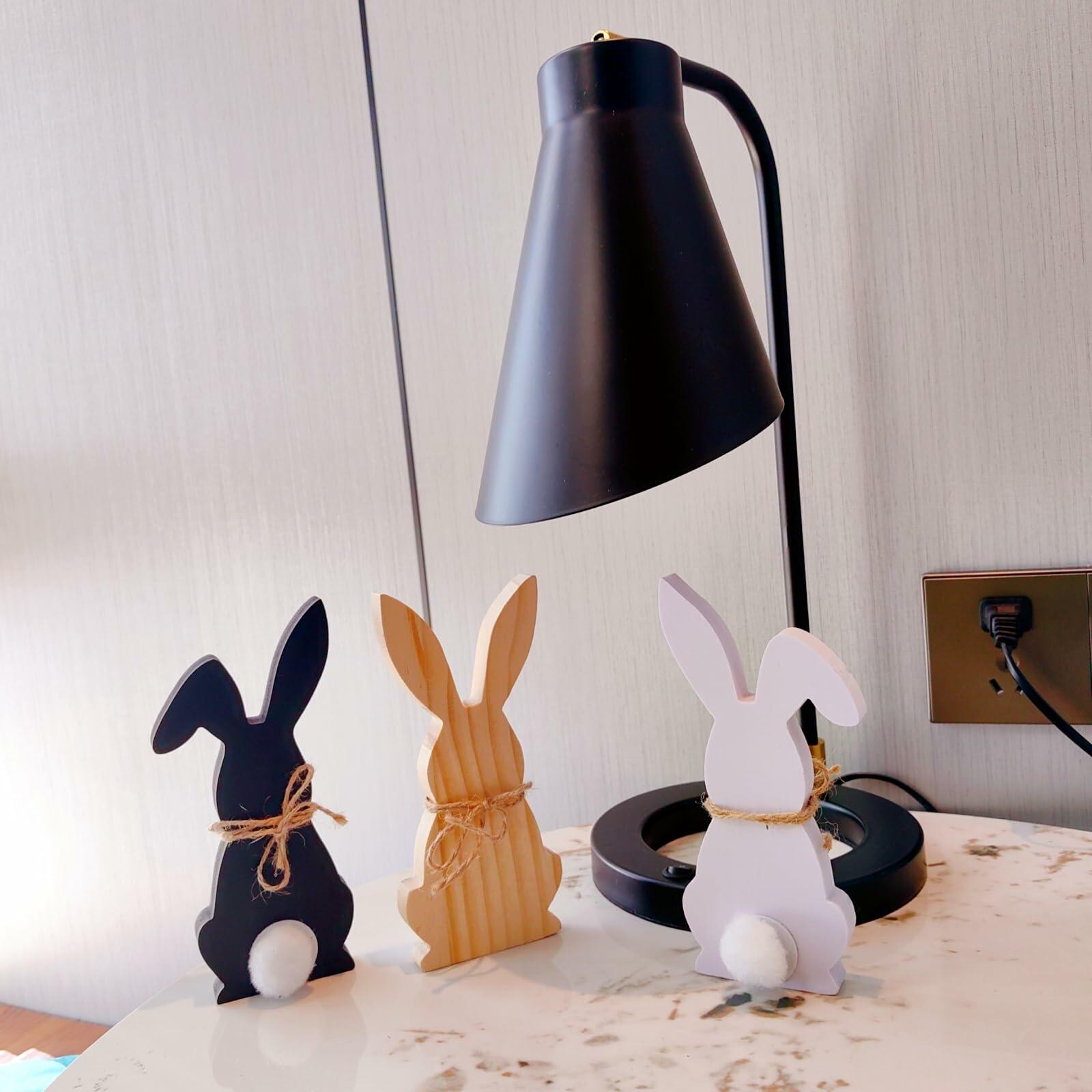 Hryxic 3 Pcs Easter Bunny Wooden Decorations Table Centerpiece White Black