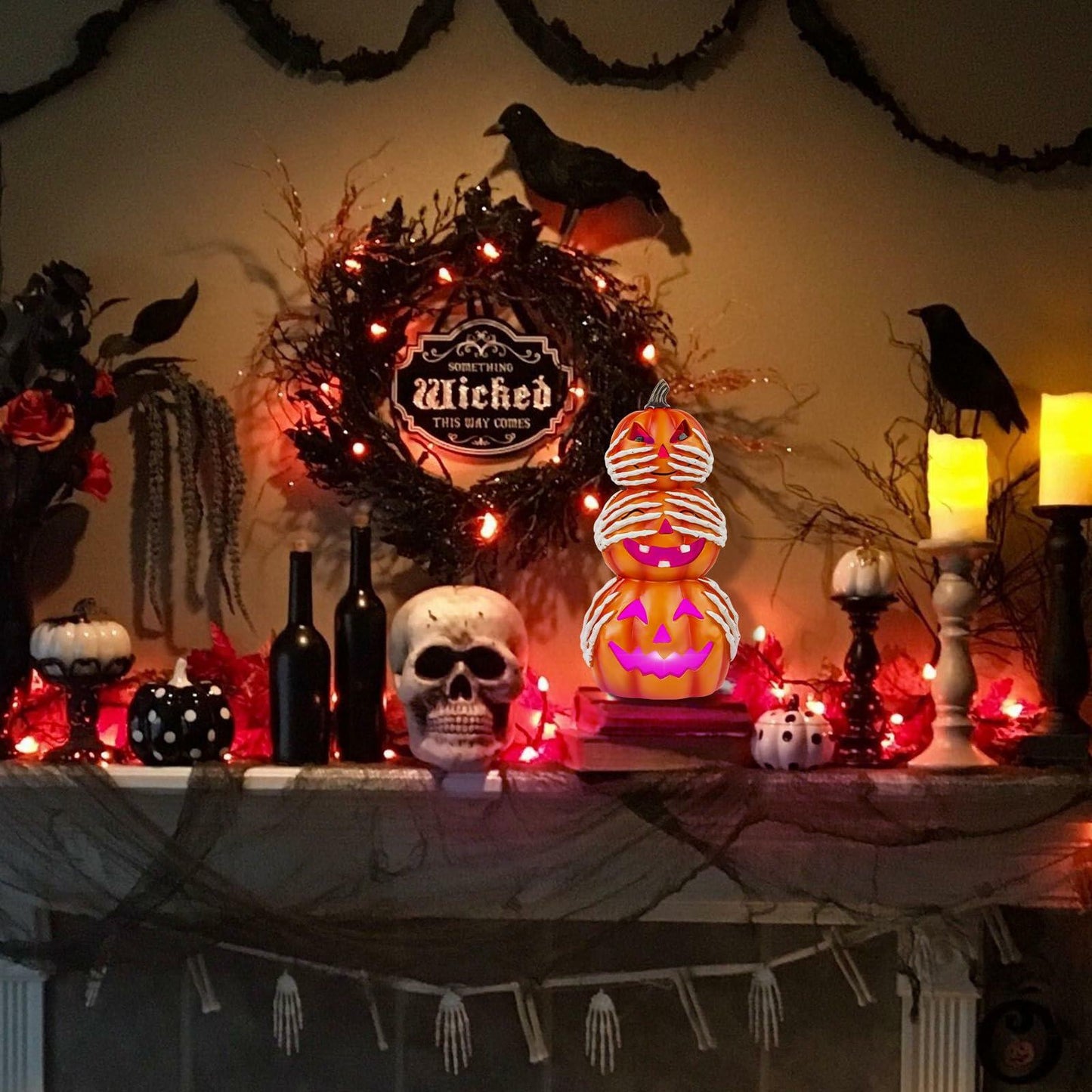 Axcoix Halloween Resin Stacked Pumpkin Decor Light Up Jack O Lantern Orange