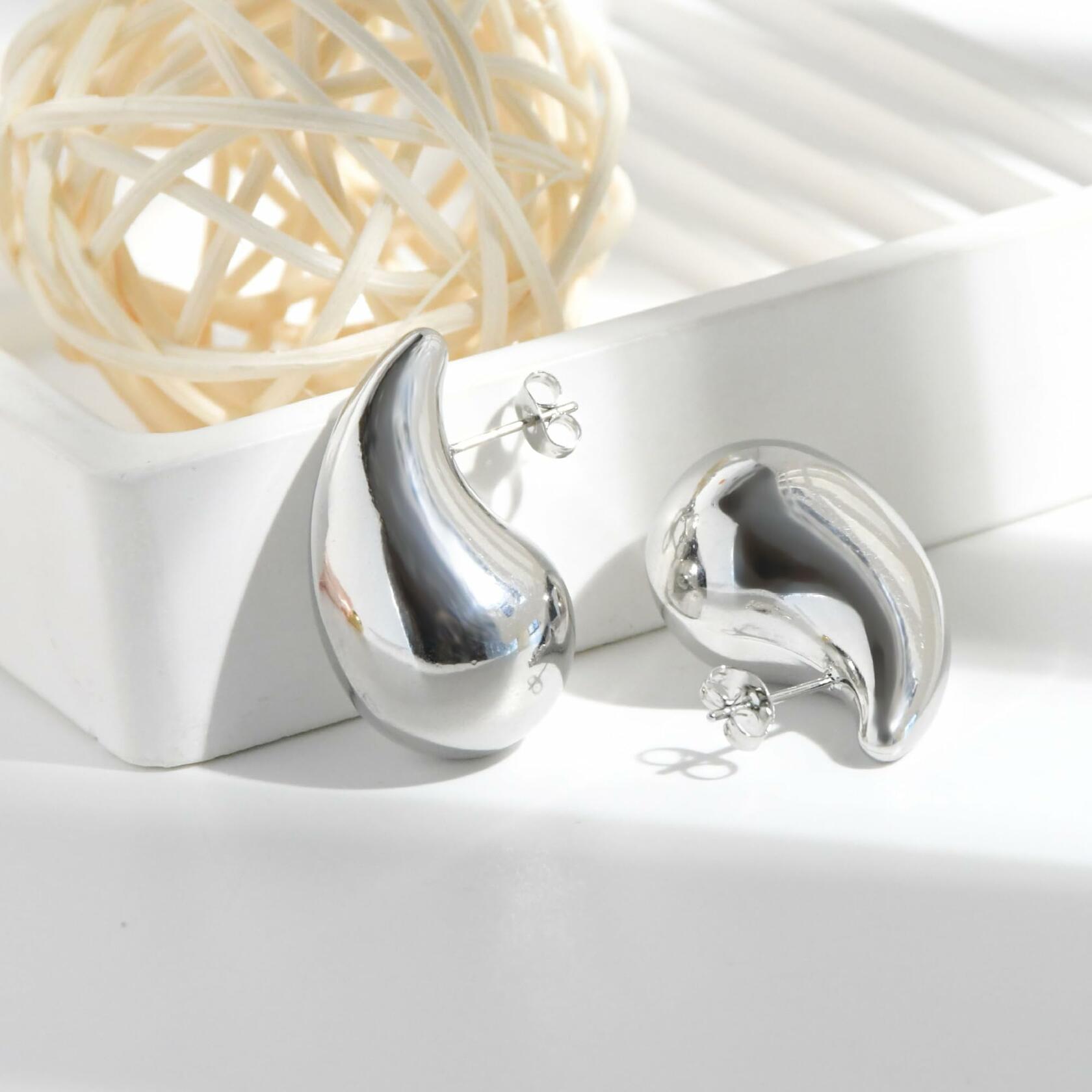 FACOKO Sterling Silver Chunky Teardrop Hoop Earrings Hypoallergenic Silver