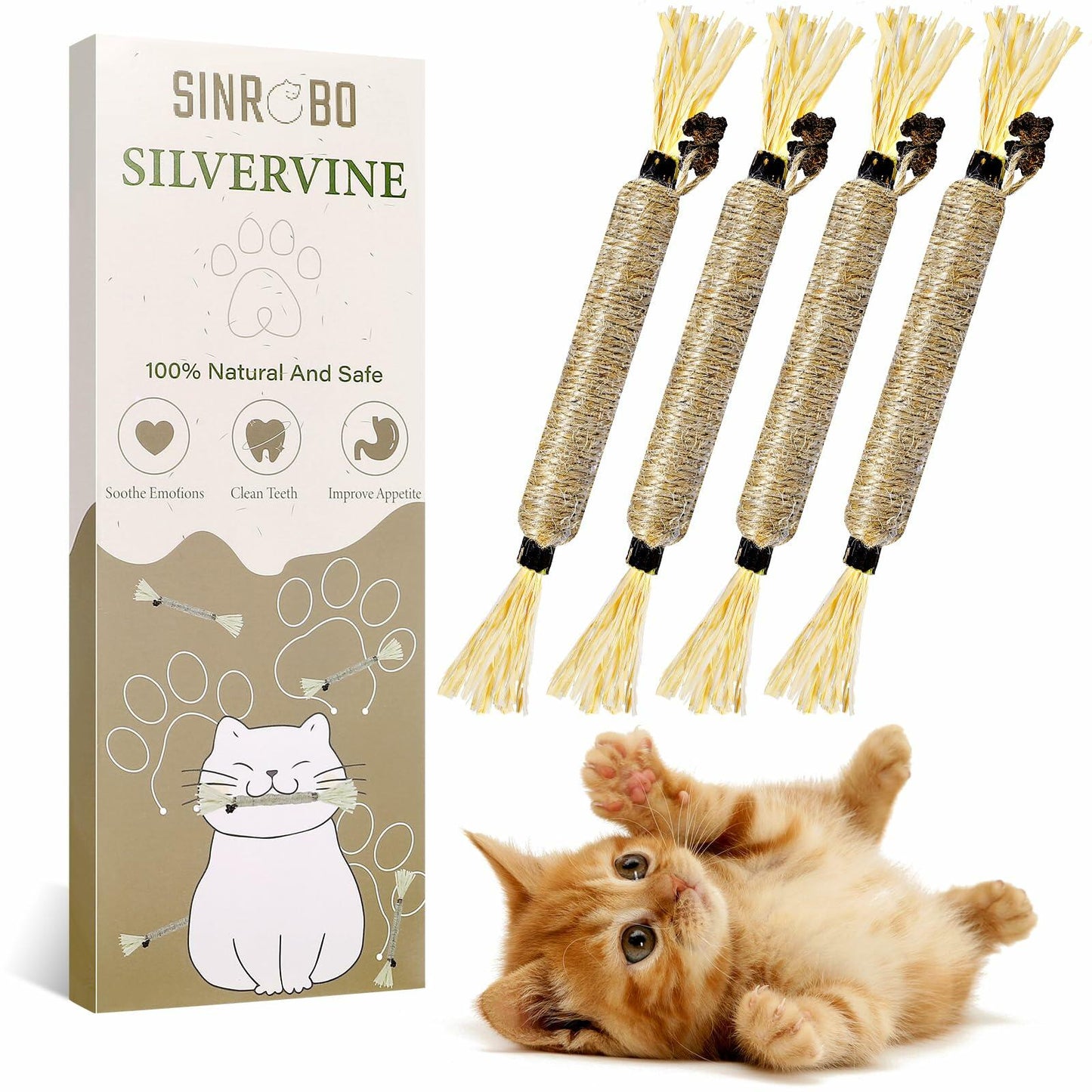 SINROBO 4 Pack Silvervine Cat Chew Sticks Teeth Cleaning Edible Toy