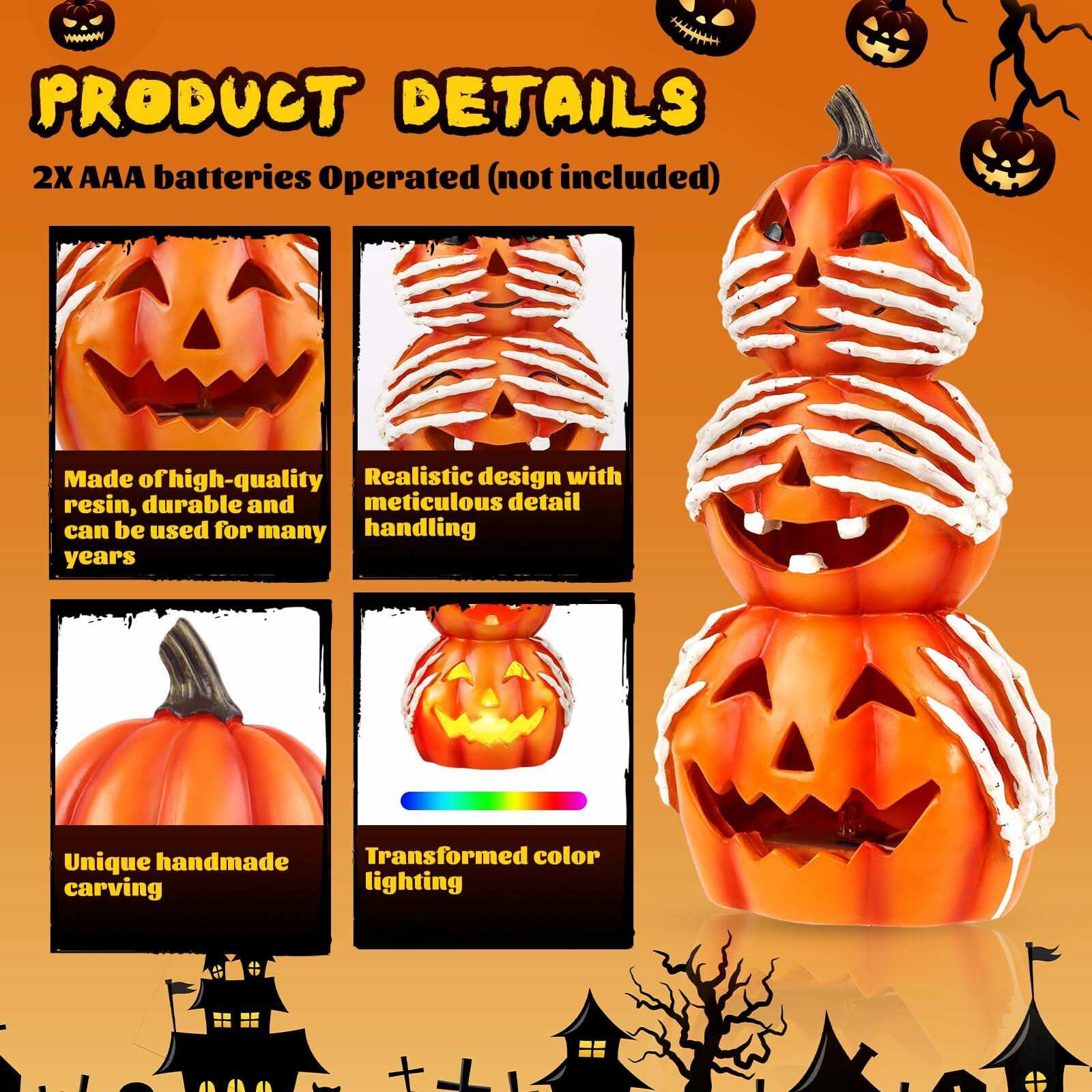 Axcoix Halloween Resin Stacked Pumpkin Decor Light Up Jack O Lantern Orange