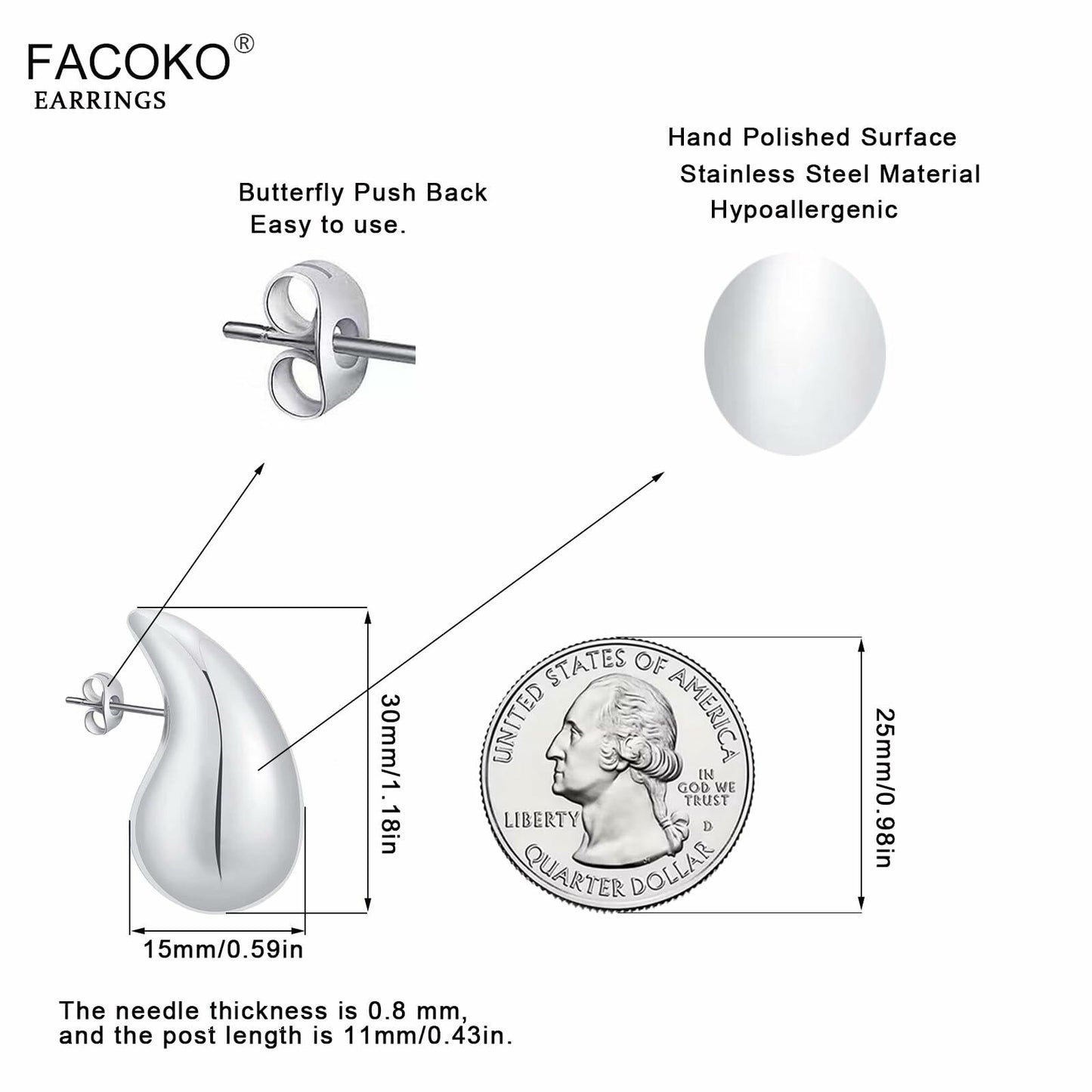 FACOKO Sterling Silver Chunky Teardrop Hoop Earrings Hypoallergenic Silver