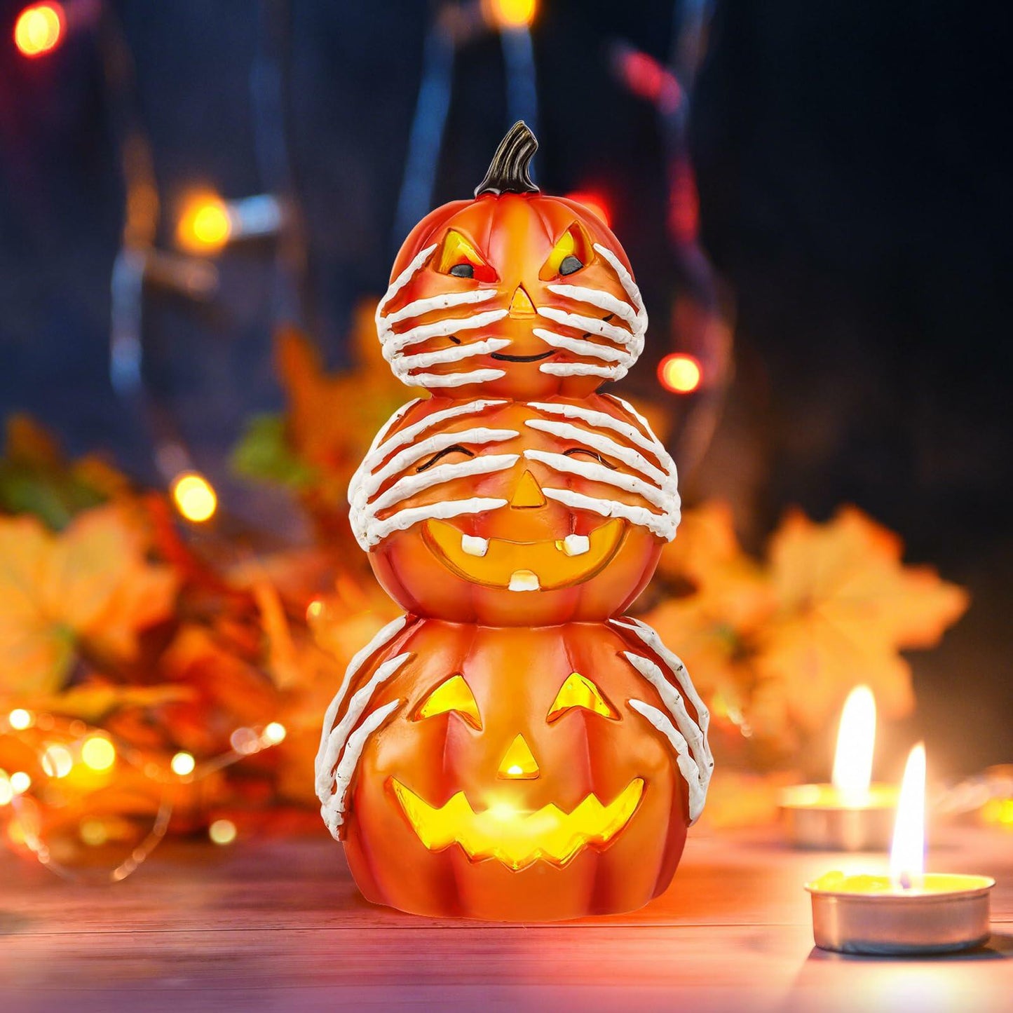 Axcoix Halloween Resin Stacked Pumpkin Decor Light Up Jack O Lantern Orange