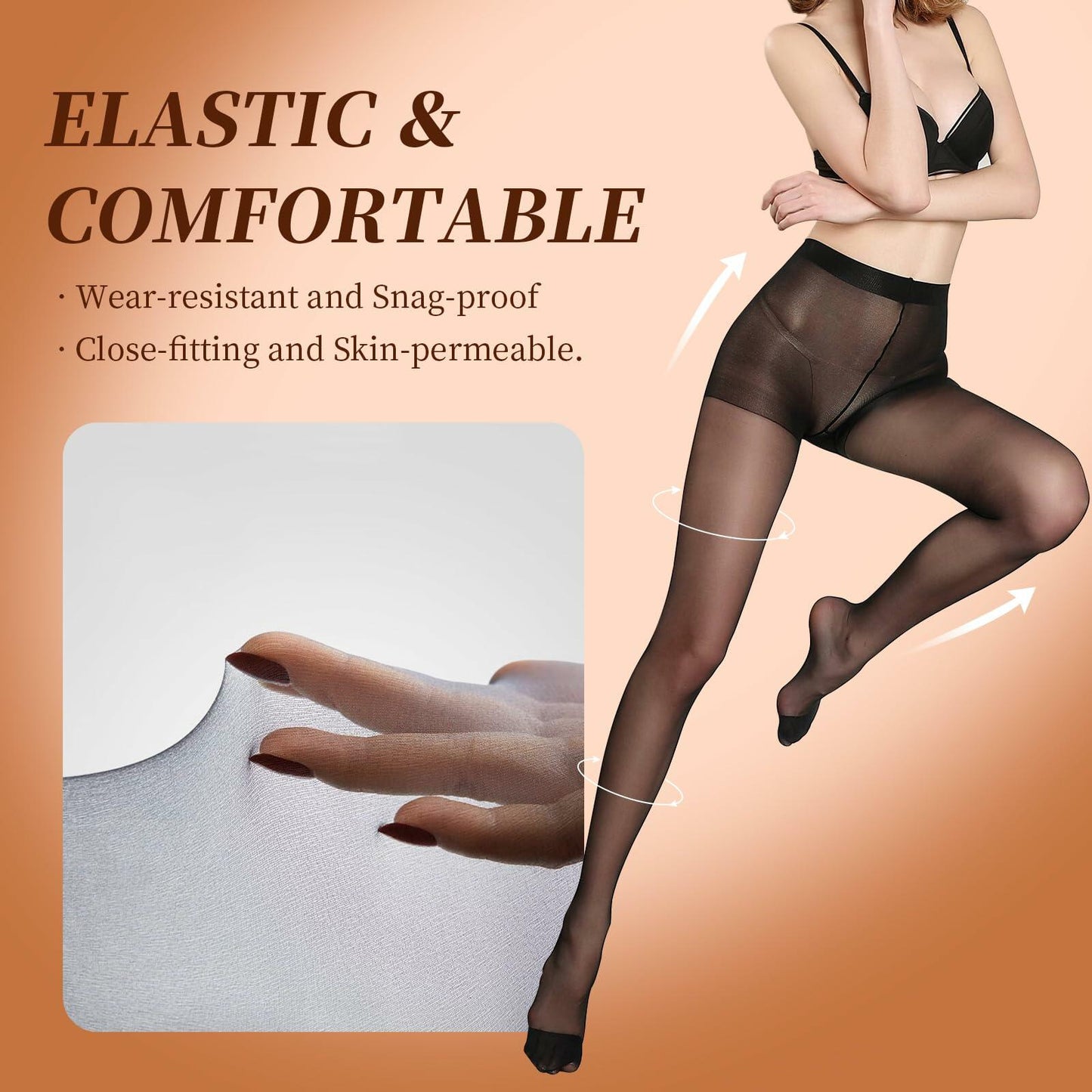 Delcast Women's Sheer Tights 20D Black High Waist Control Top 3 Pairs M