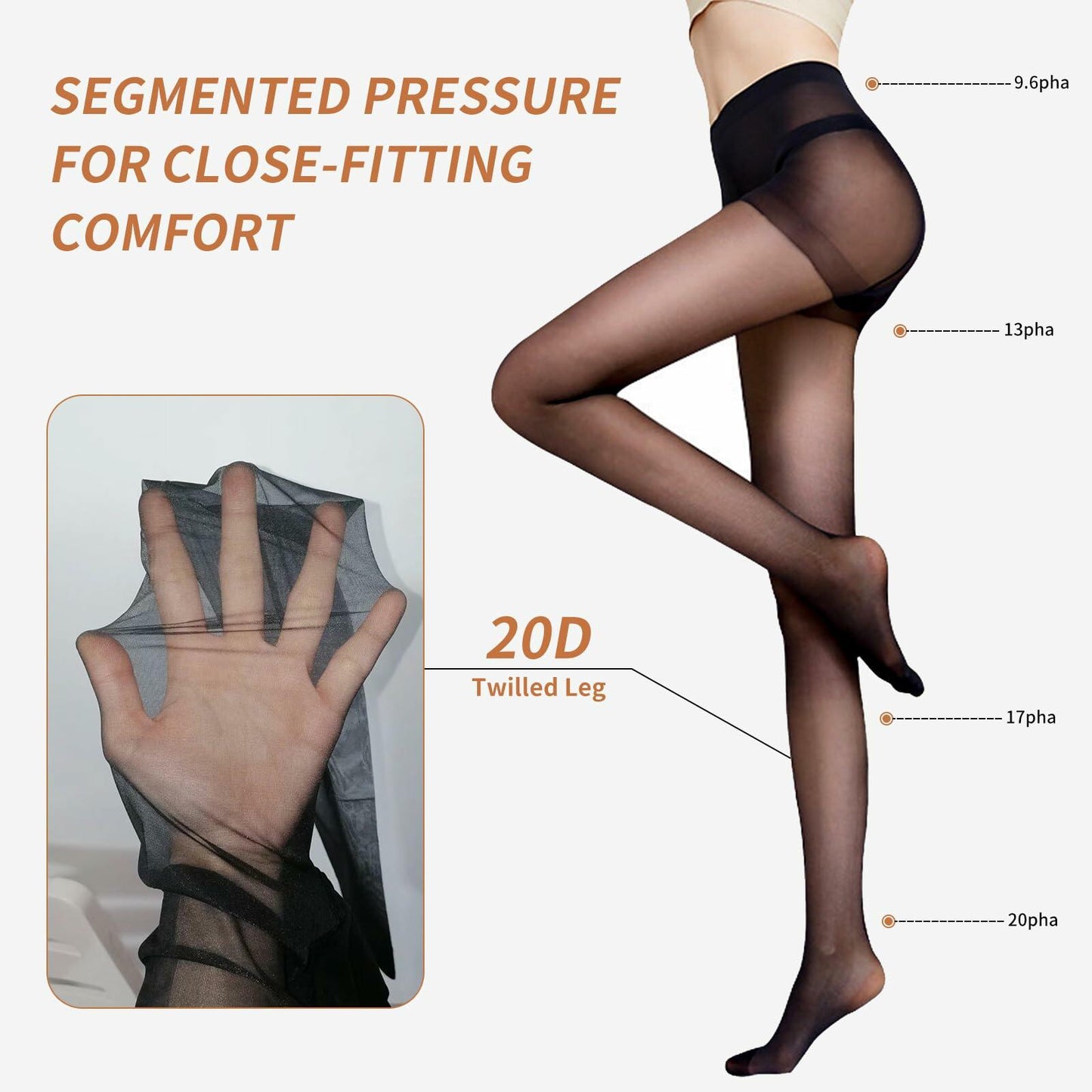 Delcast Women's Sheer Tights 20D Black High Waist Control Top 3 Pairs M