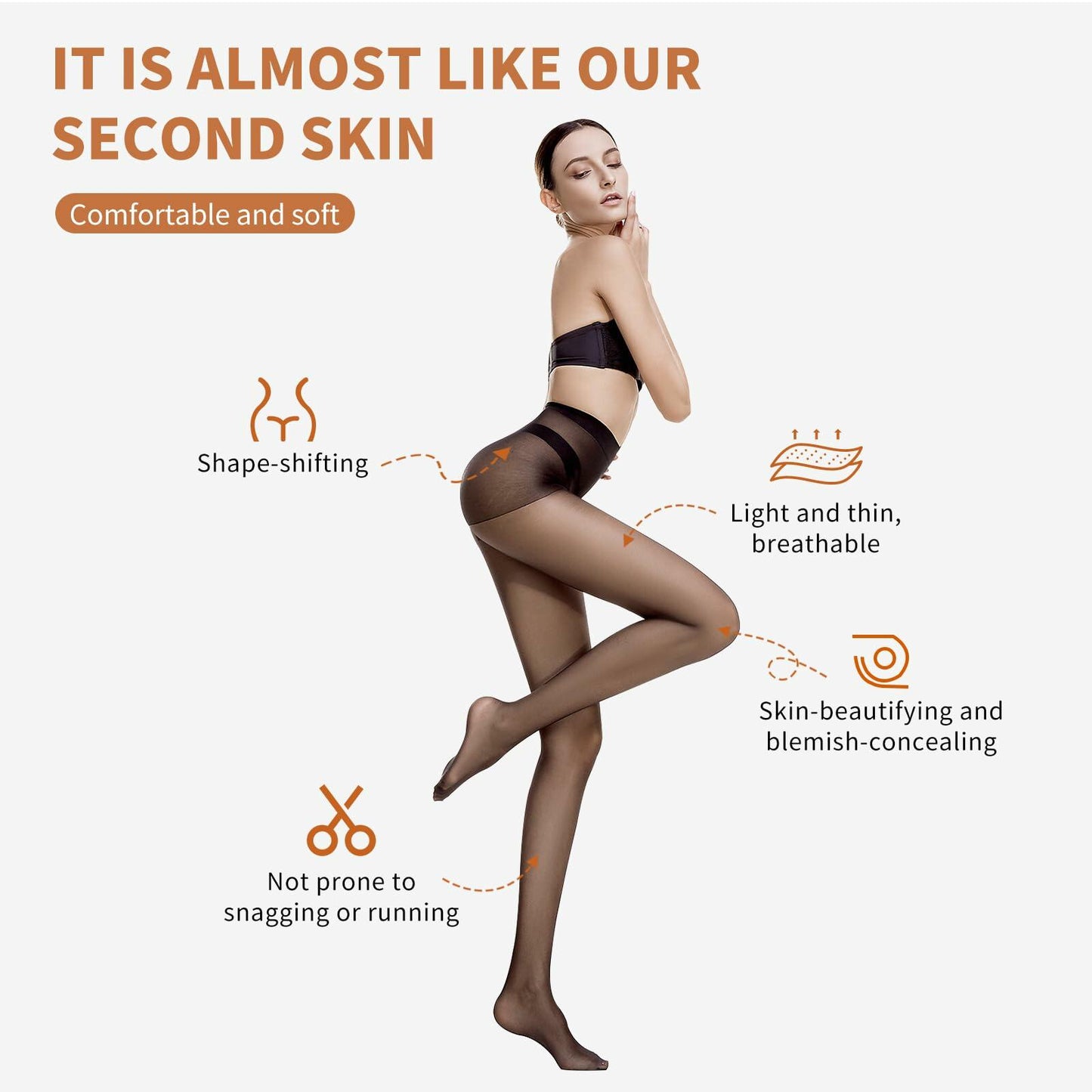 Delcast Women's Sheer Tights 20D Black High Waist Control Top 3 Pairs M