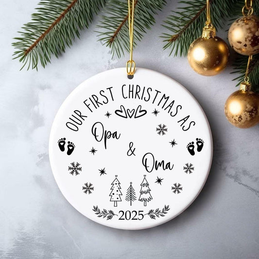 AnhTram97 Our First Christmas Oma and Opa Ornament 2025 White Ceramic