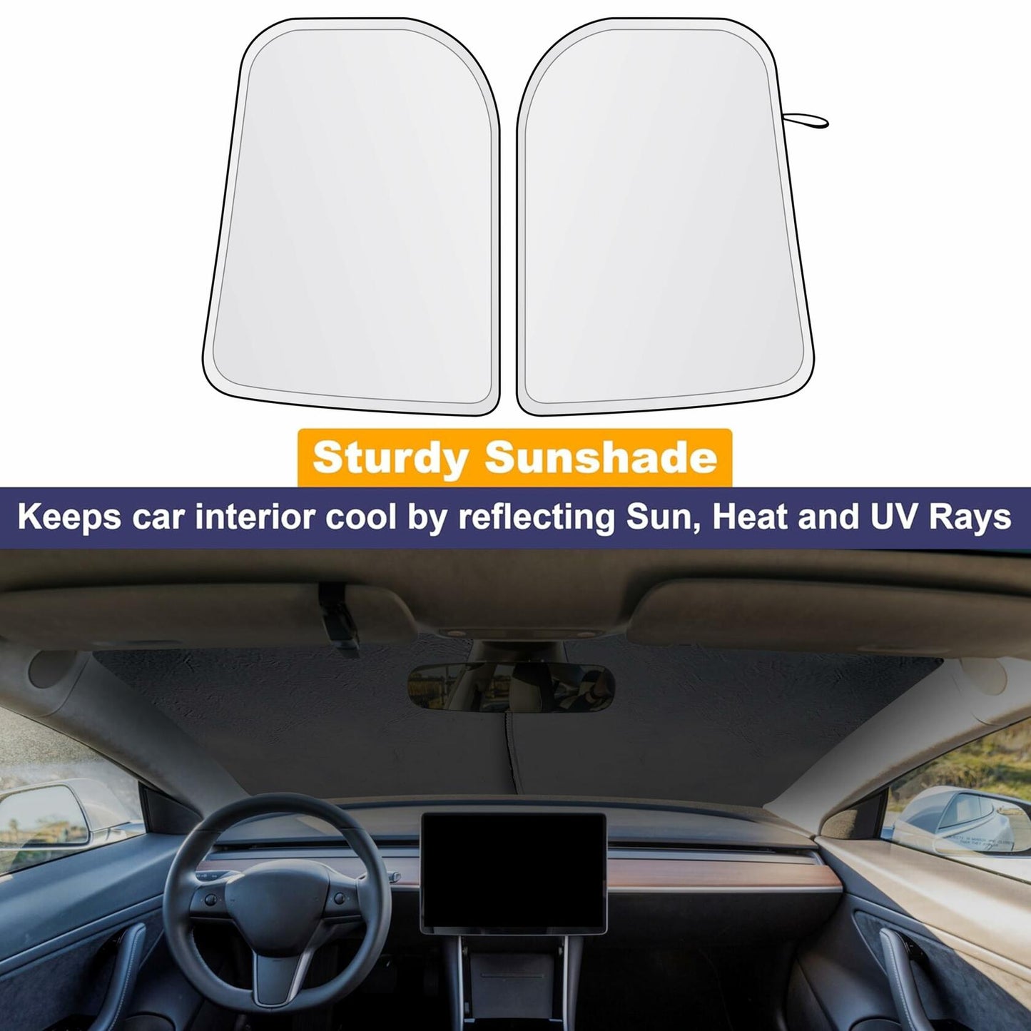EcoNour Tesla Model 3/Y Windshield Sun Shade Foldable Silver UV Protection
