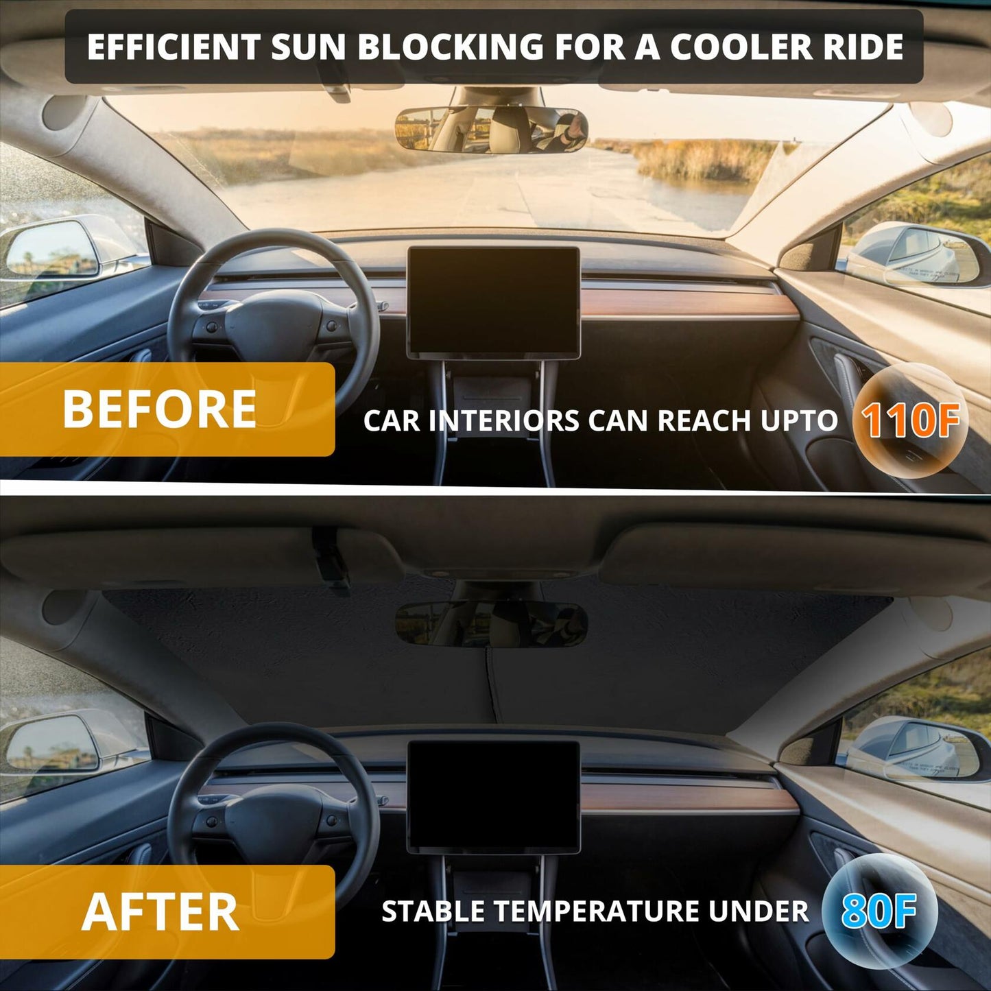 EcoNour Tesla Model 3/Y Windshield Sun Shade Foldable Silver UV Protection