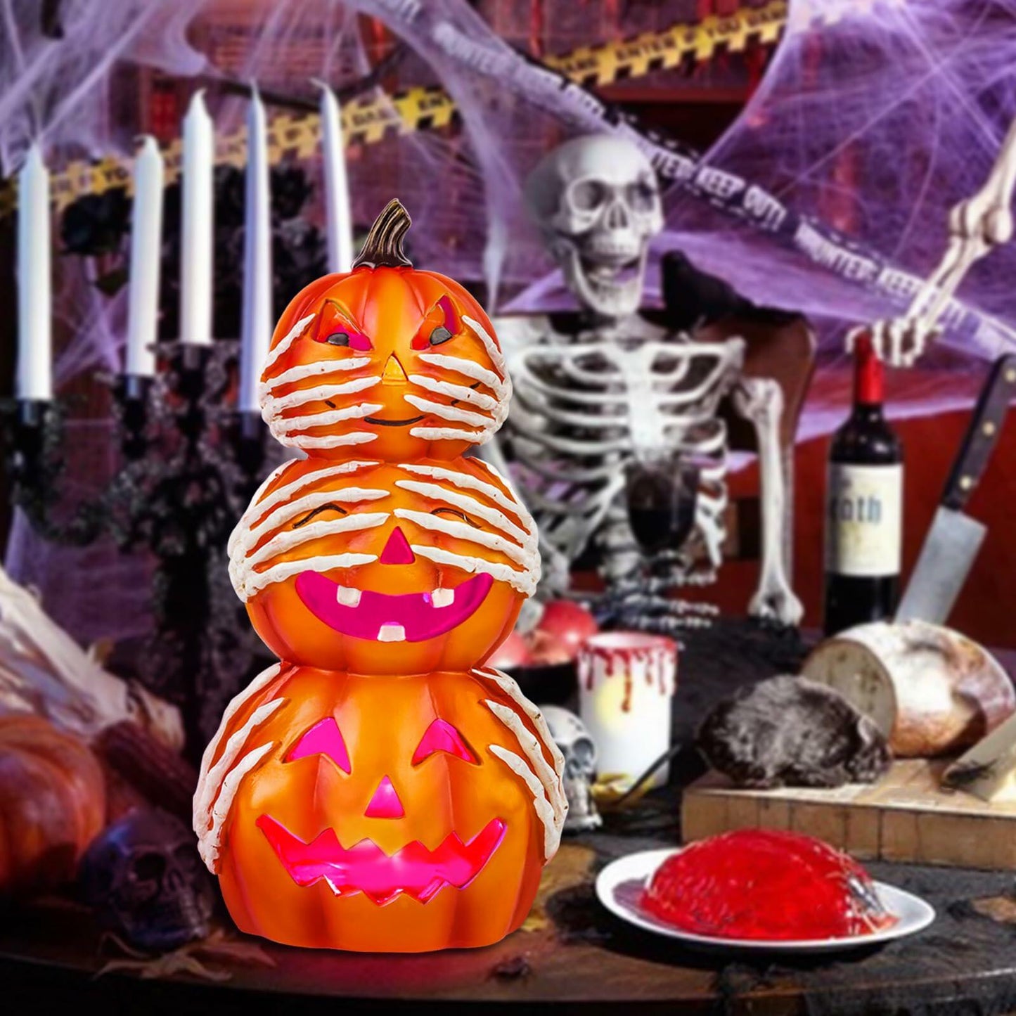 Axcoix Halloween Resin Stacked Pumpkin Decor Light Up Jack O Lantern Orange