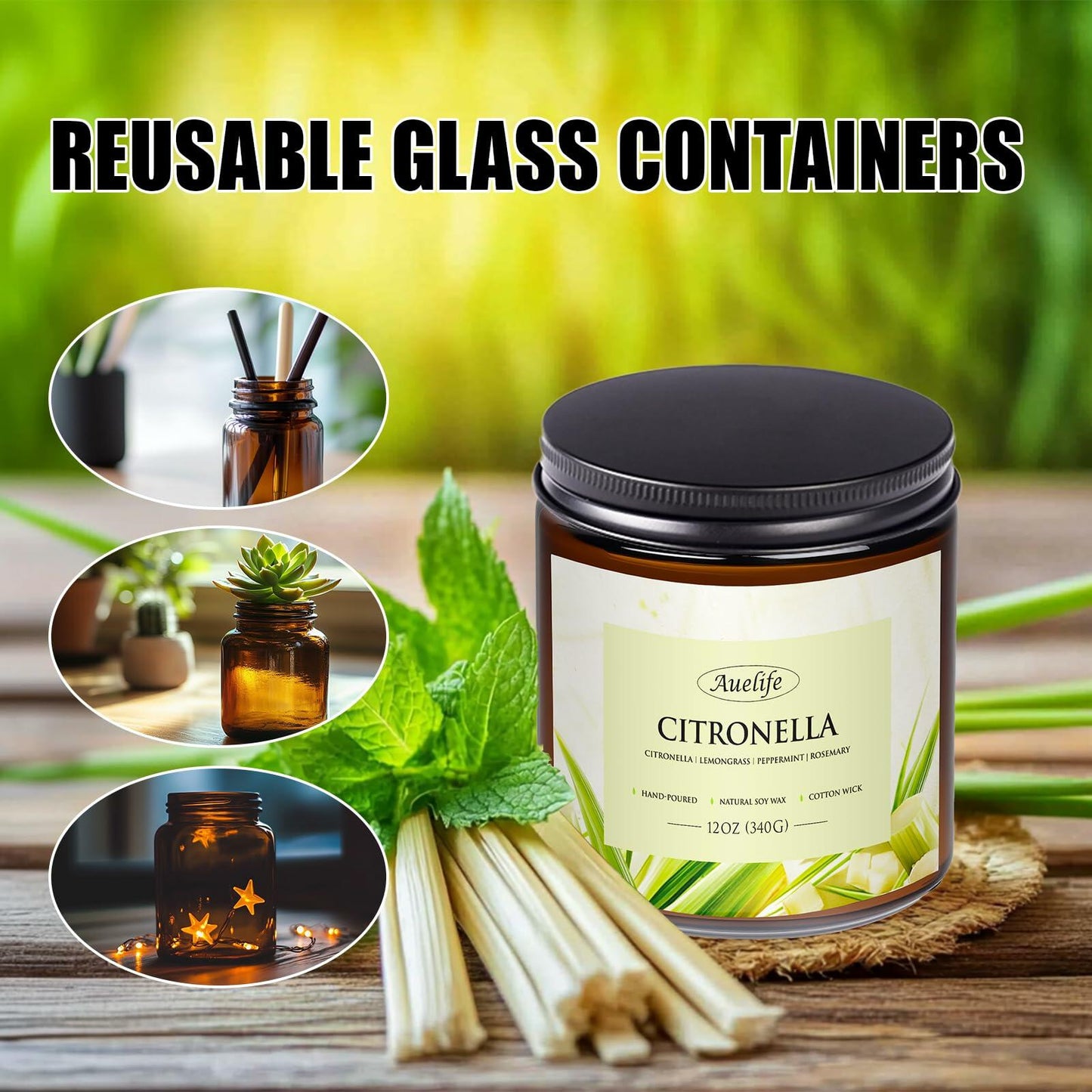 Auelife 12oz Citronella Candle 3 Wick Soy Wax Long Lasting Outdoor Indoor