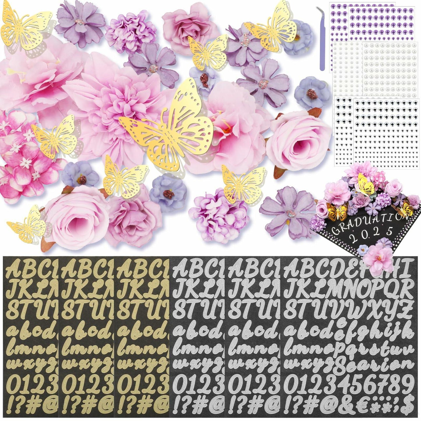 Mototo Graduation Cap Decorations Kit Purple Flowers Rhinestones Glitter DIY