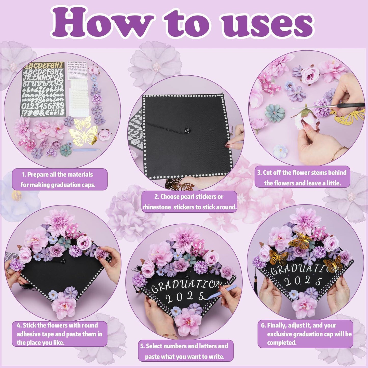 Mototo Graduation Cap Decorations Kit Purple Flowers Rhinestones Glitter DIY