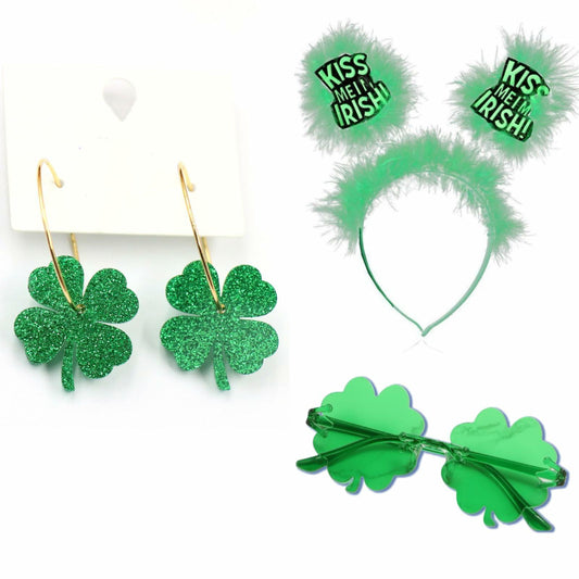YYKITCHEN St Patrick's Day Shamrock Sunglasses Headband Earrings Green Acrylic