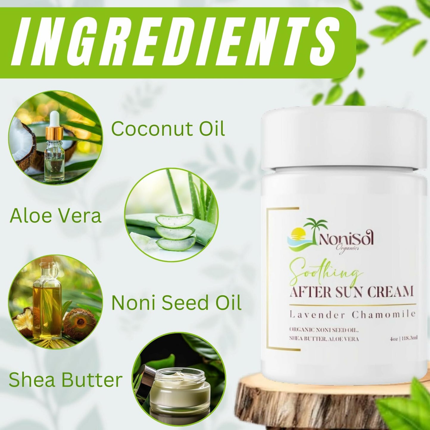 NoniSol Organics After Sun Cream 4oz with Noni Seed Oil Aloe Vera Coconut