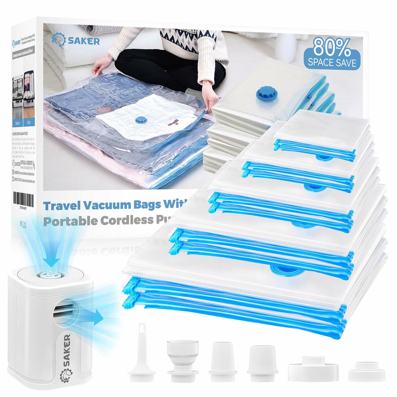 Saker Vacuum Storage Bags Electric Pump 15 Pack Multi-Size Transparent