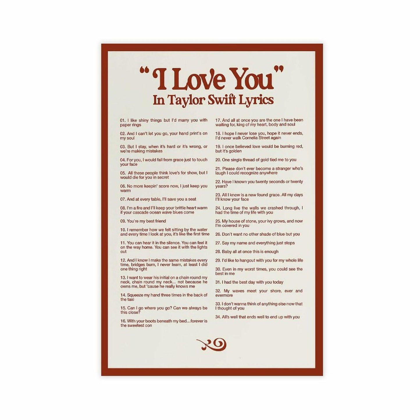 I LOVE YOU Taylor Swift Lyrics Poster Canvas Wall Art 12x18in 30x45cm