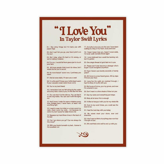I LOVE YOU Taylor Swift Lyrics Poster Canvas Wall Art 12x18in 30x45cm