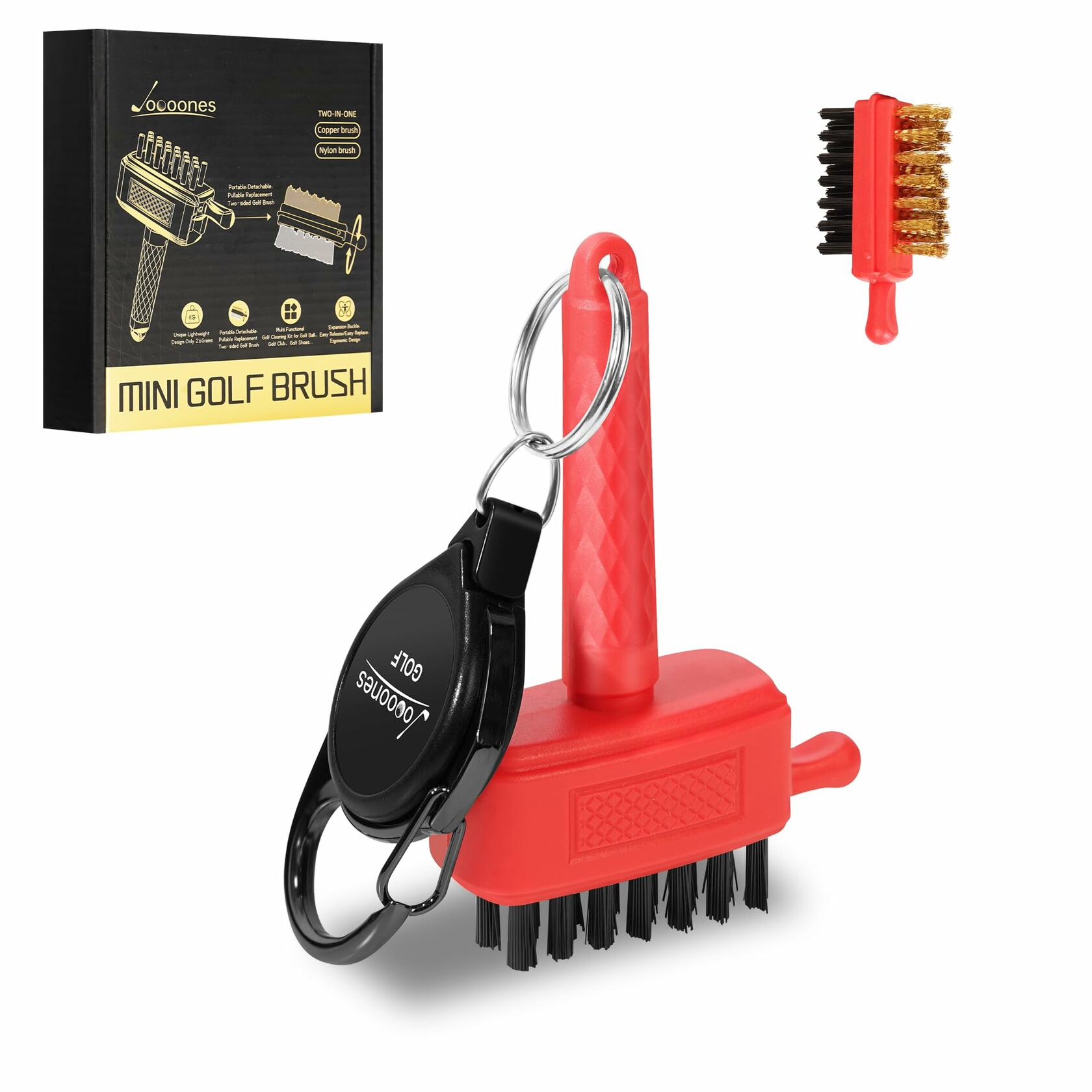 Joooones Mini Golf Brush Nylon Brass Bristles Retractable Keychain Red