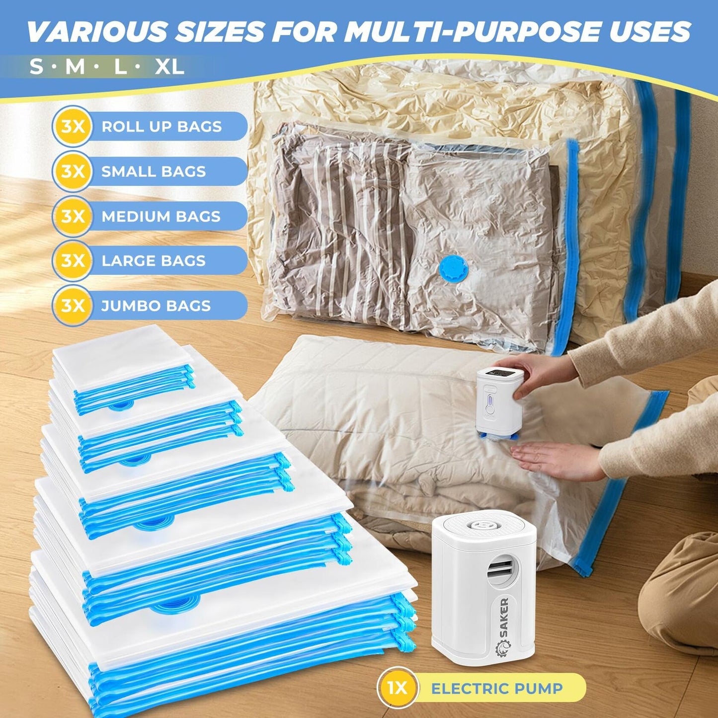 Saker Vacuum Storage Bags Electric Pump 15 Pack Multi-Size Transparent