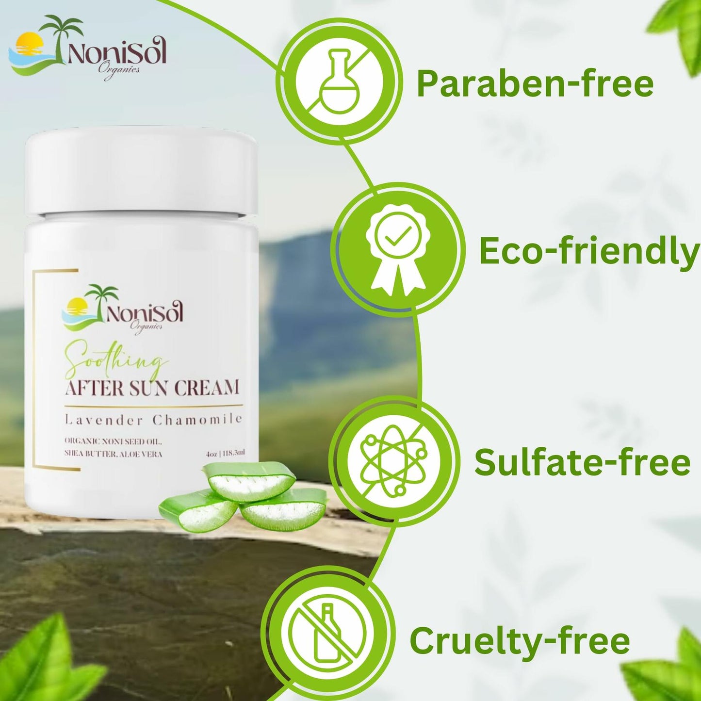 NoniSol Organics After Sun Cream 4oz with Noni Seed Oil Aloe Vera Coconut