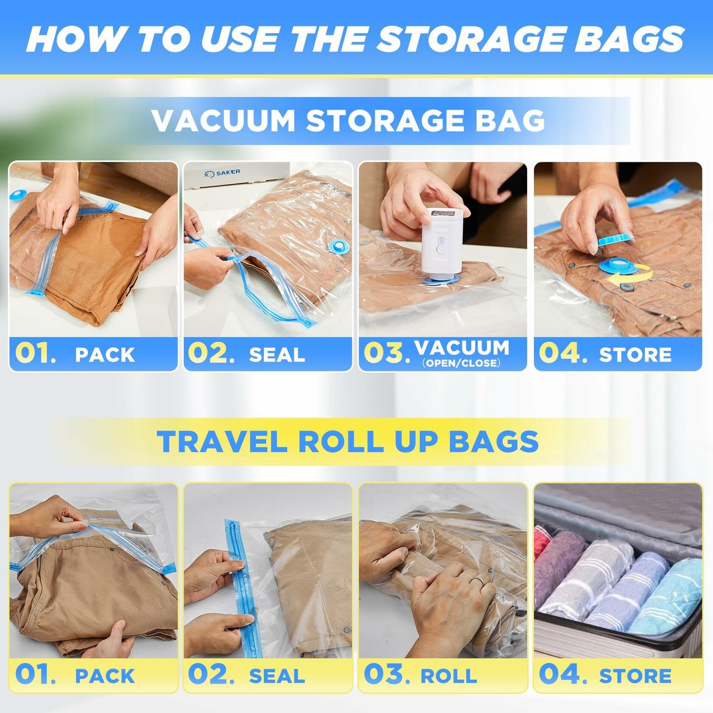 Saker Vacuum Storage Bags Electric Pump 15 Pack Multi-Size Transparent