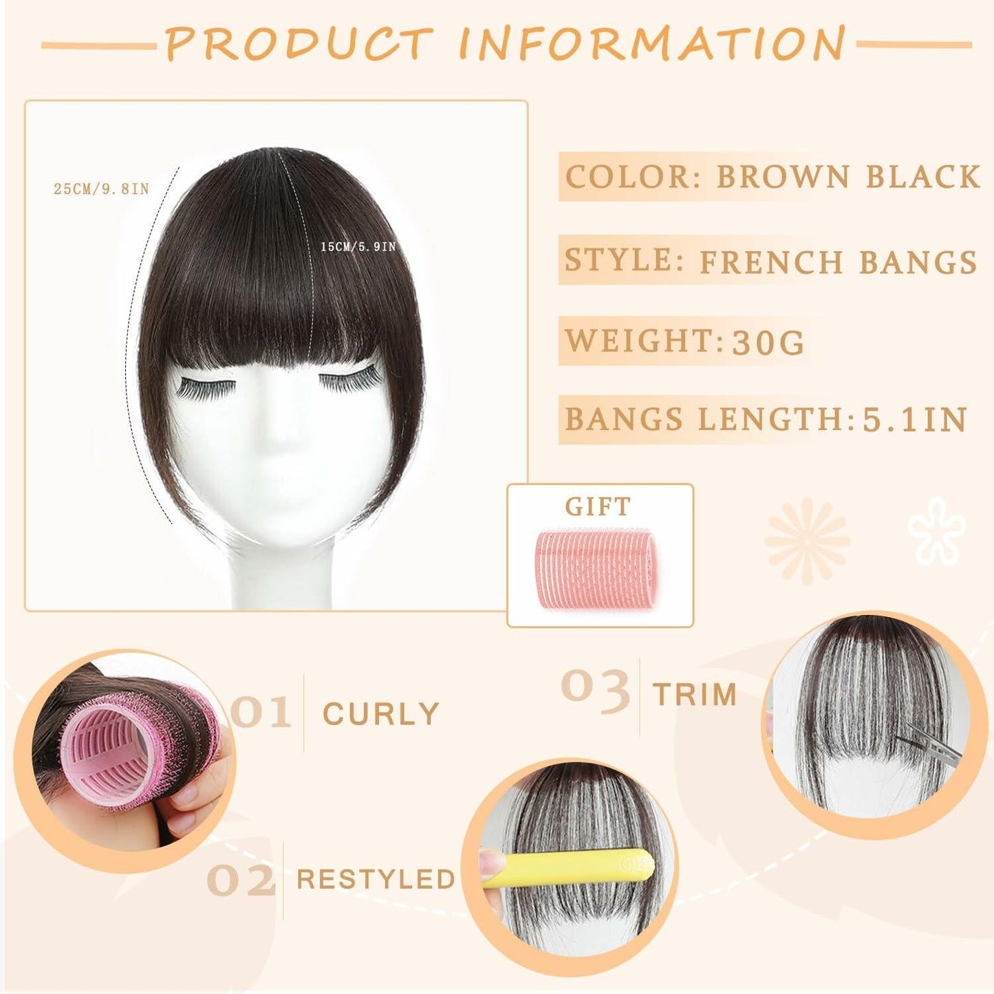 WZNBBOY Synthetic Clip in Bangs Hair Extensions Brown Black Wispy Fringe